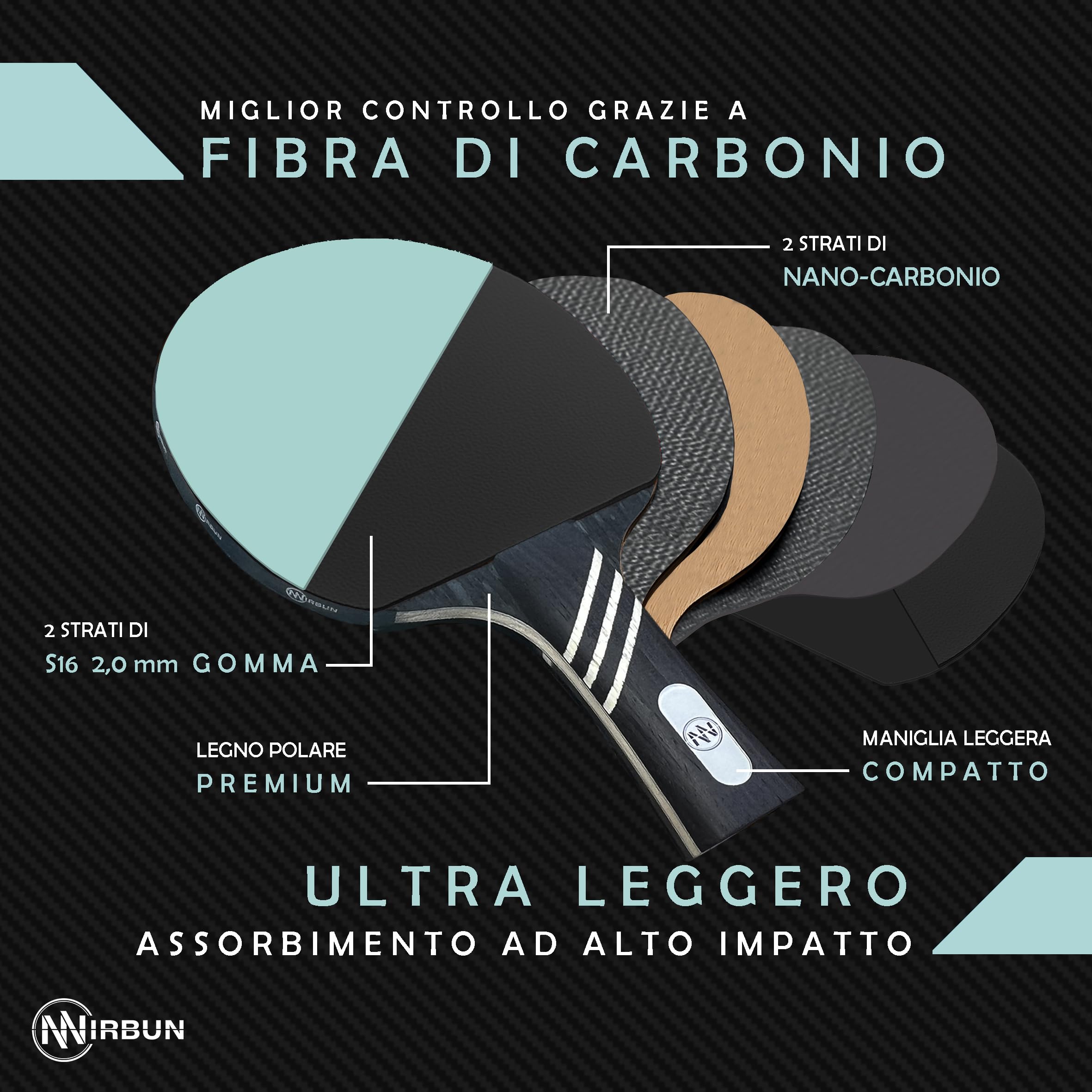 Racchetta da ping pong professionale in fibra di carbonio | Racchetta da ping pong con gomma ad alta resistenza | Legno polare + fibra di carbonio | Copertura protettiva | Potenza e velocità