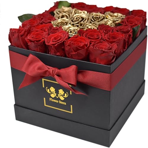 Flores Eternas, Rosas Eternas, Flores de Lujo, Rosas para siempre, Flores en una Caja, Rosas de Larga Duración Stern Carré N36 (Rojo y Dorado)