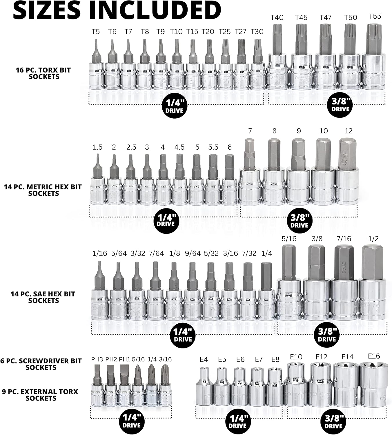 Neiko 01146A 62pc Premium Master Combination Allen Socket Set, SAE & MM 1/4" - 3/8 Drive Set, Ratchet & Extensions, Torx Hex, E-Torx, Screwdriver, S2 Steel Bits, Cr-V Sockets & Hex Tool Set