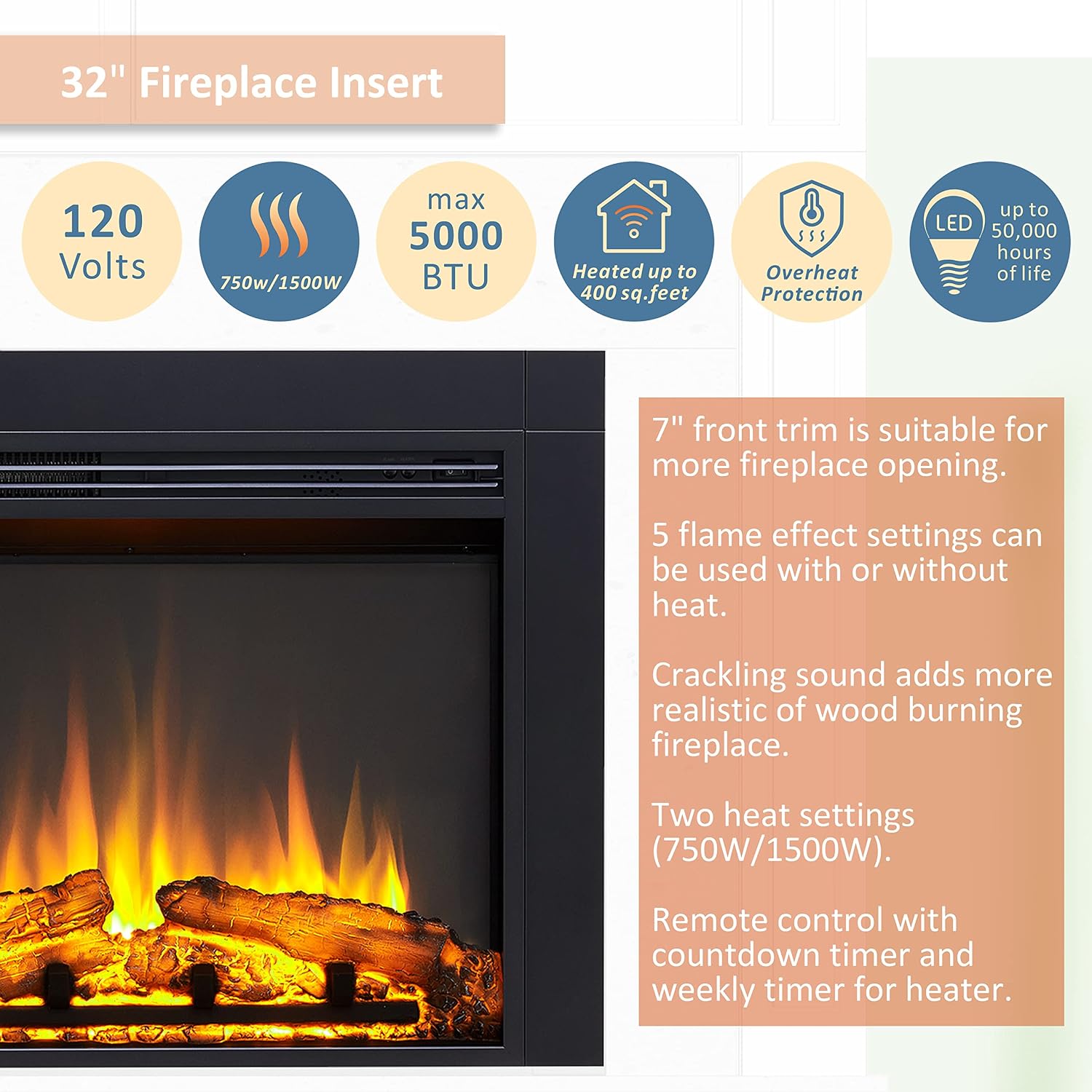 Legend Flame LegendFlame Jaden 32'' W x 25'' H (EF455) Electric Fireplace Insert with Front Trim Kit, Fire Crackling Sound, 750W/1500W Heater, Remote Control Black