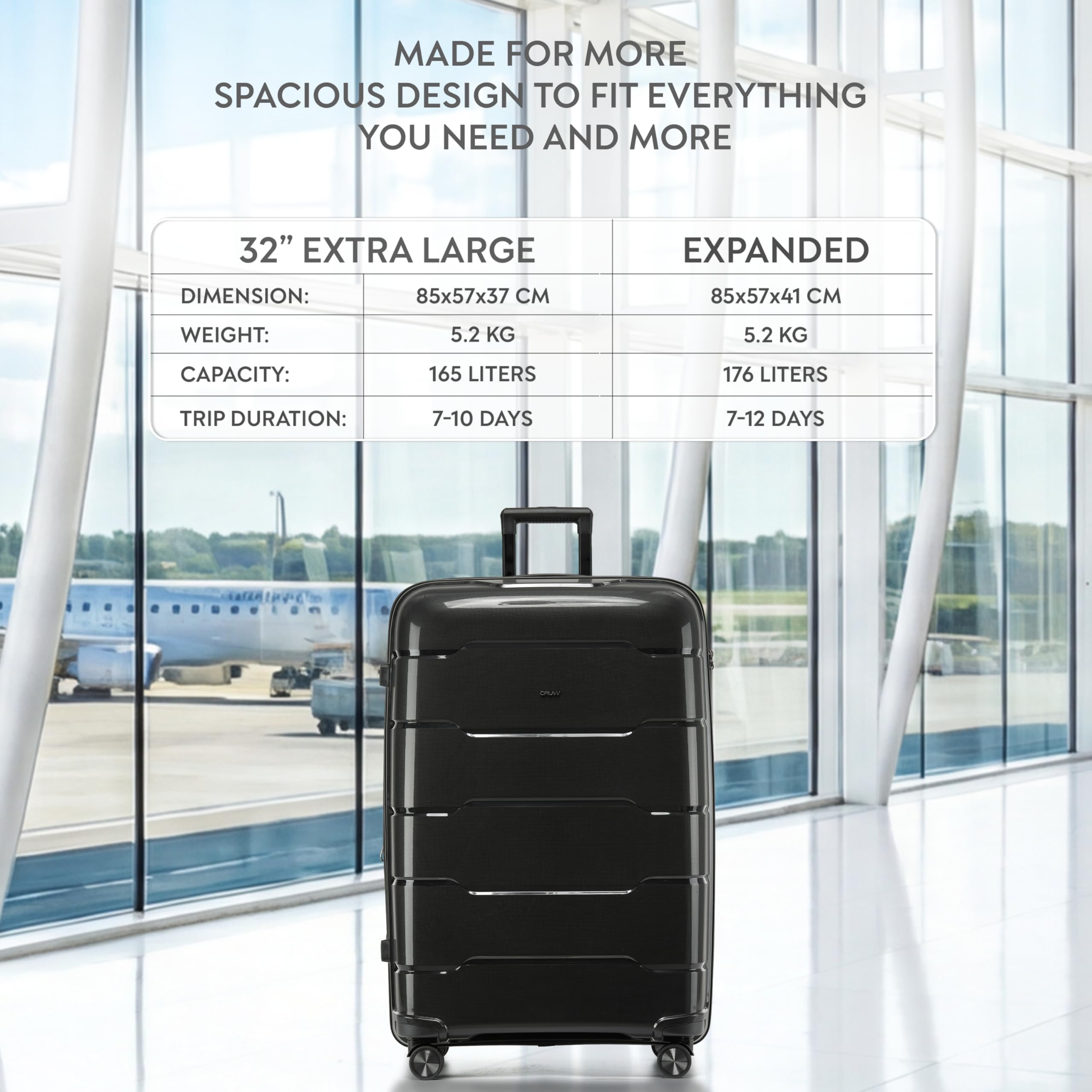 CRUW Extra Large 32" Checked Luggage 85x57x37cm + Expandable Hold Baggage (165/176 Liters) Polypropylene Suitcase TSA Approved Lock 8 Silent Spinner Wheels Lightweight Suitcases Airline Travel