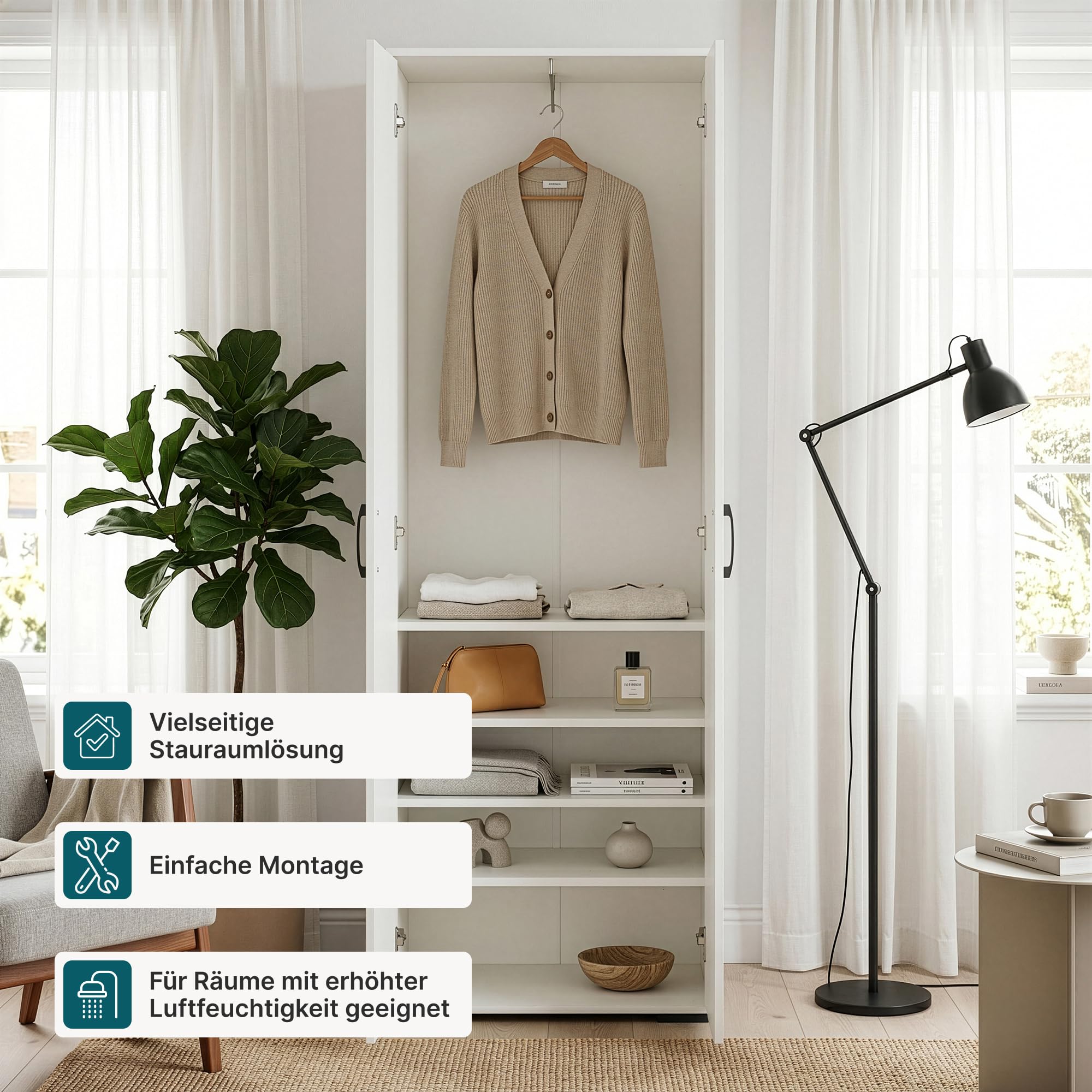 [en.casa] Kleiderschrank Chalvefted mit Kleiderstange 4 Fächer 2 Türen Kleiderständer Schrank Garderobenschrank Schlafzimmer Garderobe 175 x 60 x 35 cm Weiß
