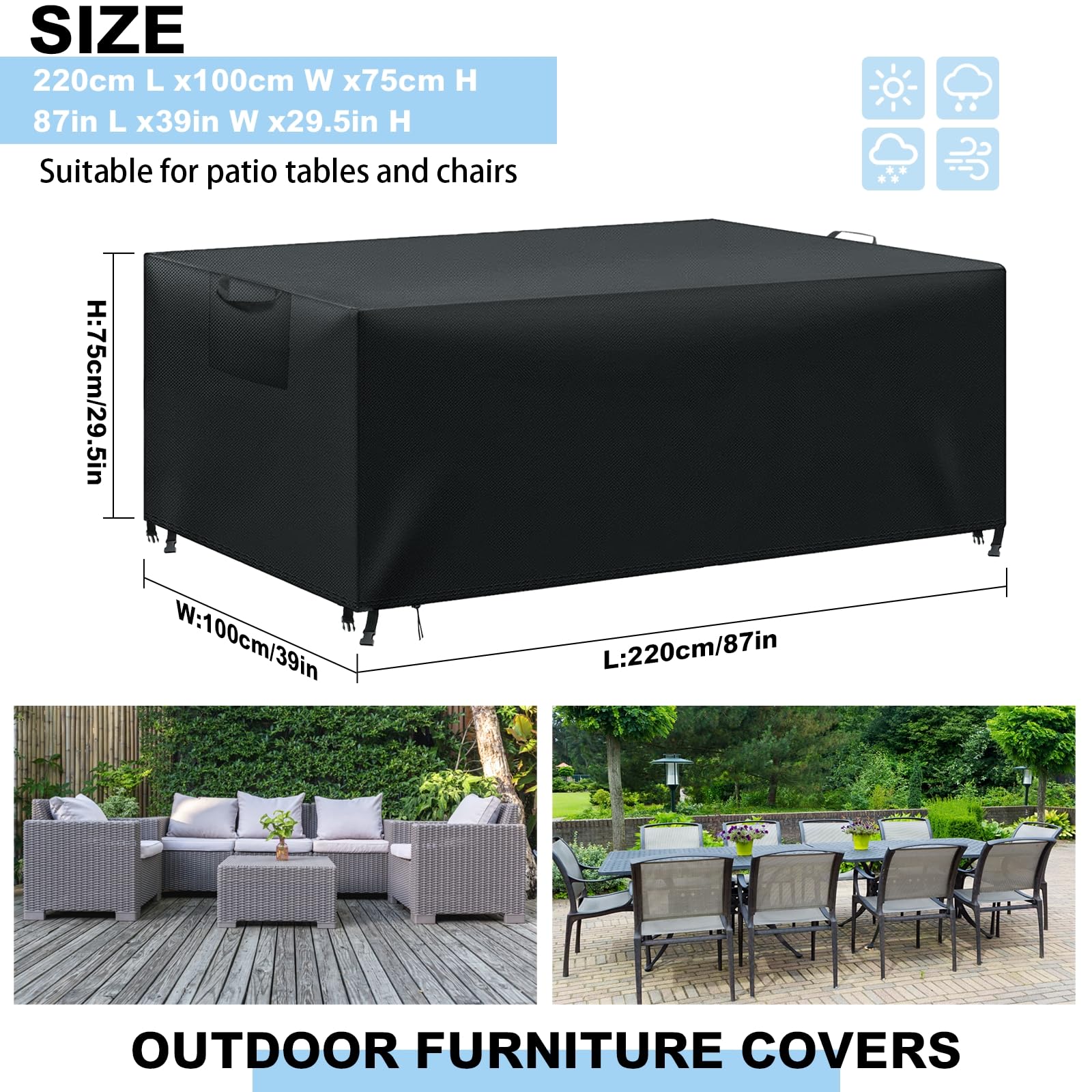 WUAYAMI Copertura Tavolo Esterno Impermeabile,Panno 420D Oxford Impermeabile Copertura,Tavoli e Sedie da Cortile Raggi UV, Quadrato Resistente allo Strappo Copertura Tavolo (Nero, 220x100x75cm)