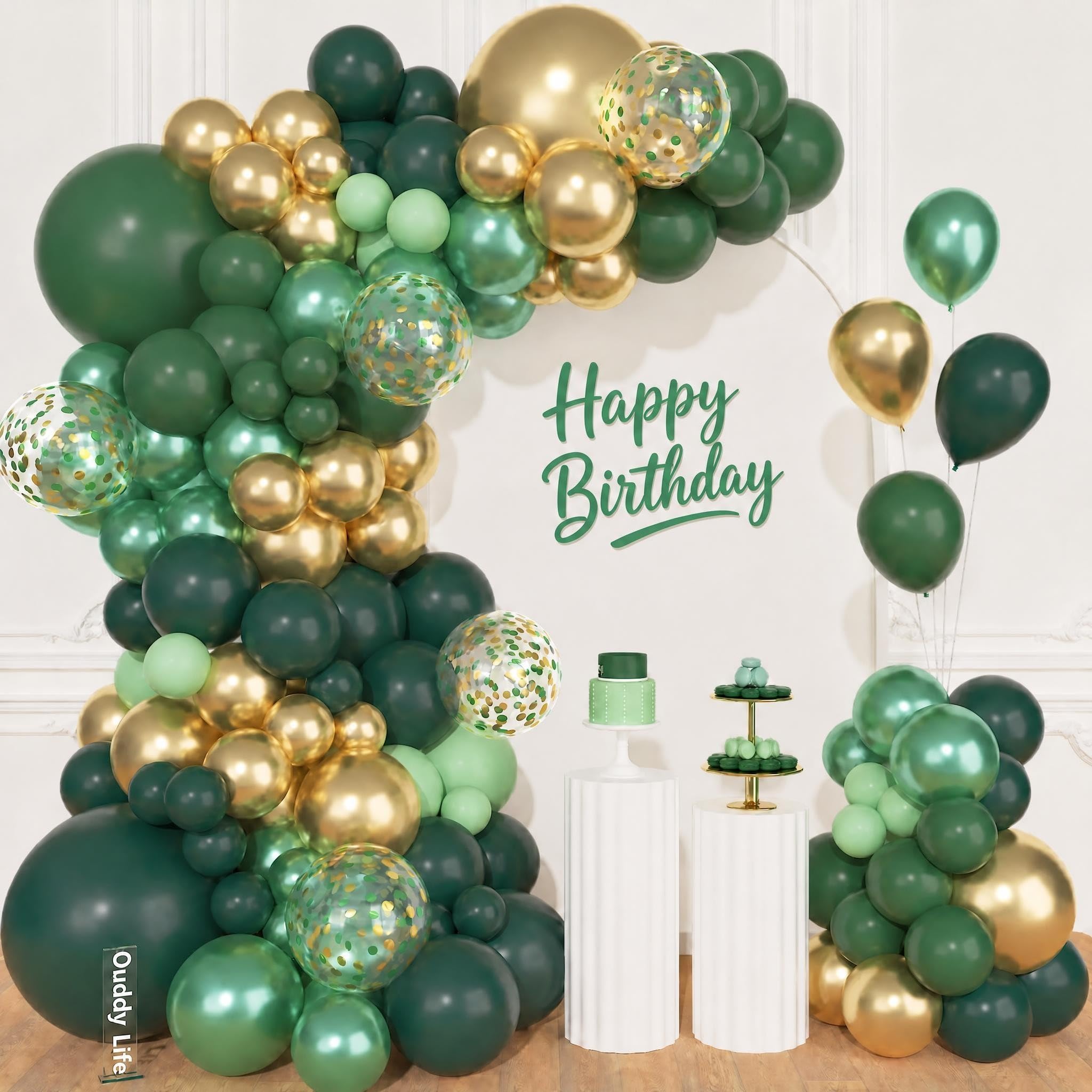 Ouddy Life 157-teiliges grün-goldenes Ballonbogen-Girlande-Set, dunkelgrün-metallisches Latex-Konfetti-Ballon, verschiedene Größen für Abschlussfeier, Klasse, College, Geburtstag, Jahrestag