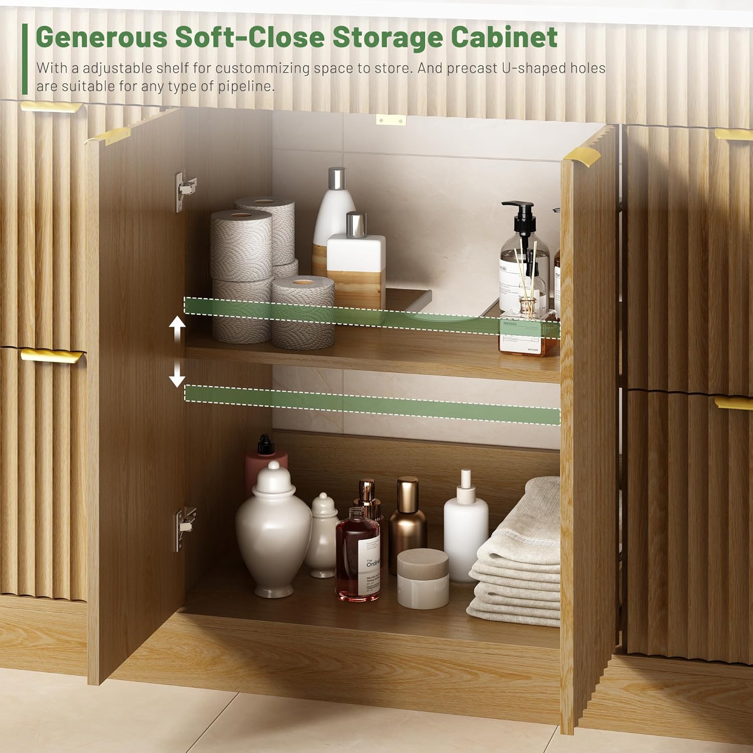 CARPETNAL 48 Inch Bathroom Vanity with Sink, Modern Fluted Bathroom Vanity with Sink with Storage Cabinet, Adjustable Shelf and 2 Soft Closing Doors & 4 Drawers, Natural Oak