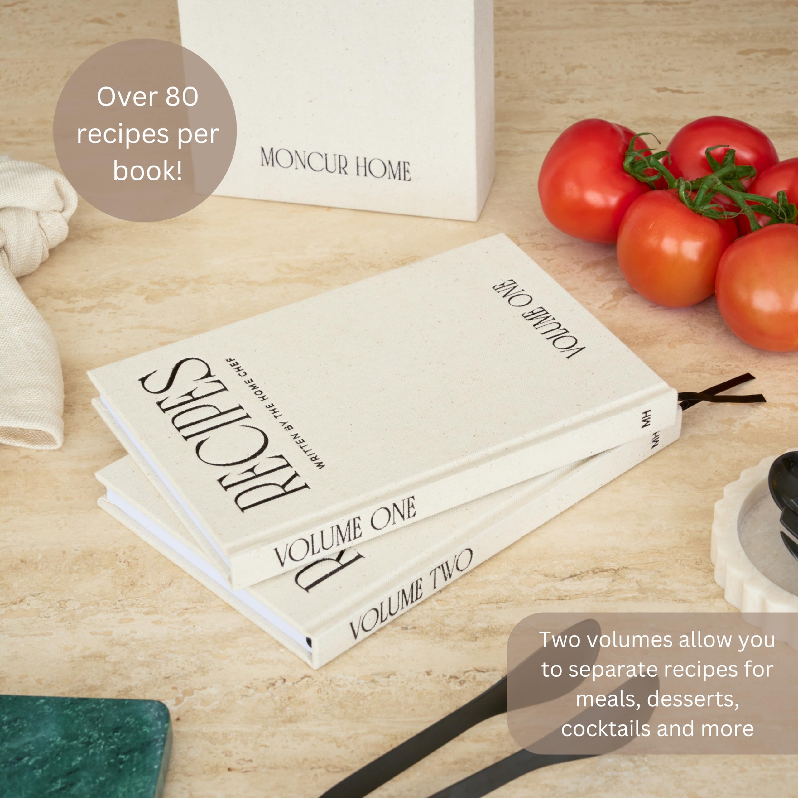 Moncur Home Juego de 2 libros de recetas en blanco para escribir en tus propias recetas, caja de recetas de lino beige, hojas adhesivas, cuaderno de recetas, libro de cocina, diario de recetas,