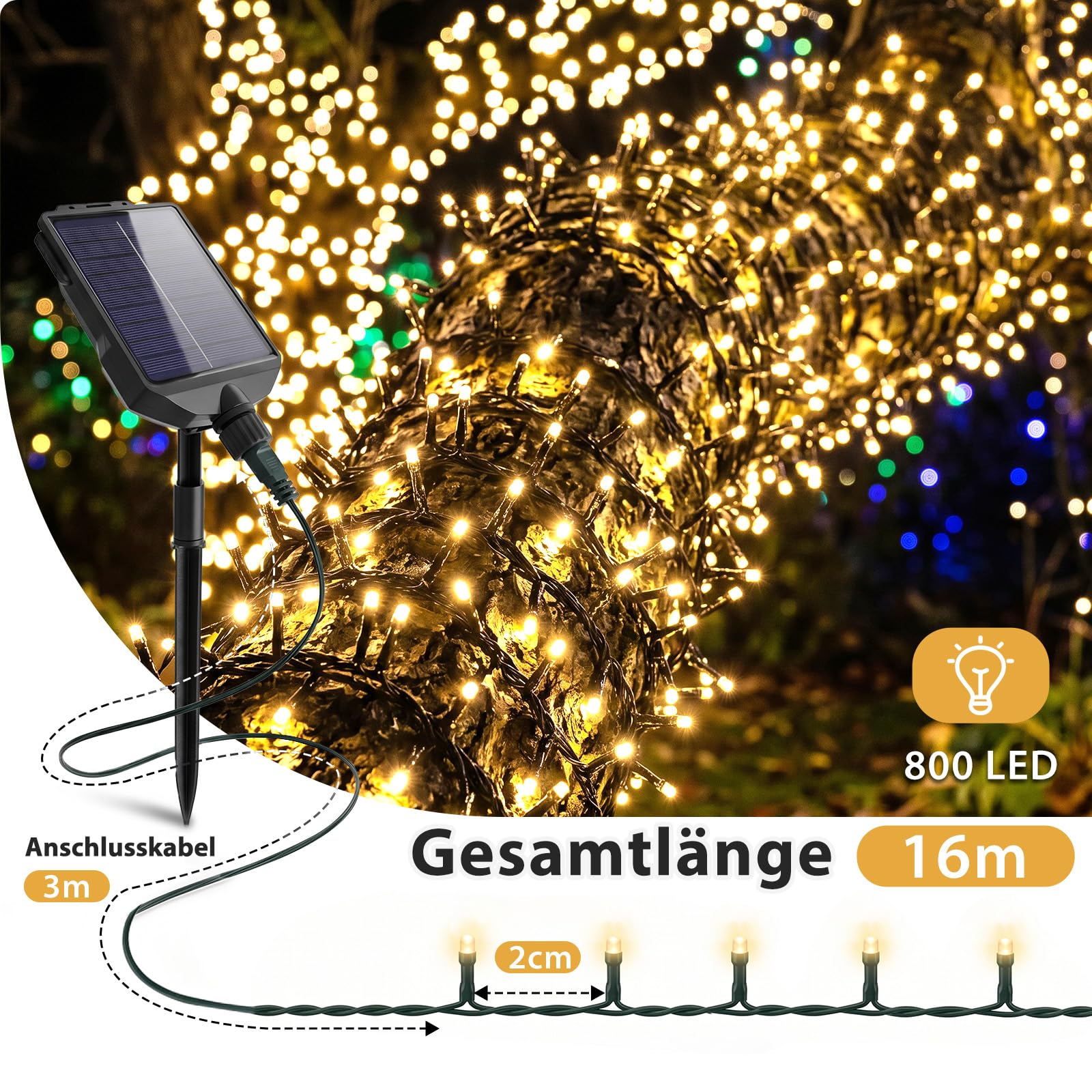 SALCAR Cadena de luces solares de 19 m, 800 LED, para exteriores (cable de alimentación de 16 + 3 m) con mando a distancia, 13 modos, resistente a la intemperie, para exteriores, decoración interior