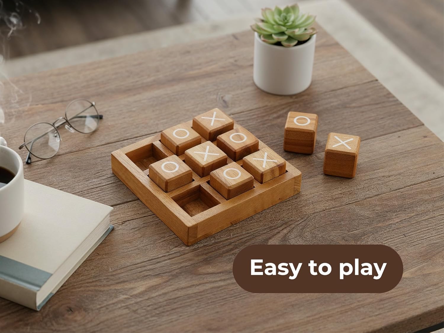 BSIRI Wooden XO Blocks Tic Tac Toe Travel Game Coffee Tabletop Family Living Room Decoration Games Night for Adults for Desk and Bookshelf Decor Unique Wood Gifts 5.5 Inch