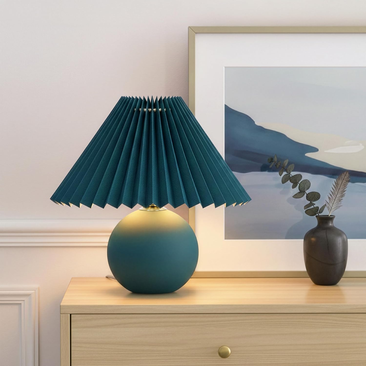 Brightech Serena LED Table Lamp - Small 10" Modern Ceramic Lamp with Pleated Shade for Bedside, Nightstand, Desk - Mini Night Light with Cozy Soft White Light for Living Room, Bedroom - Teal