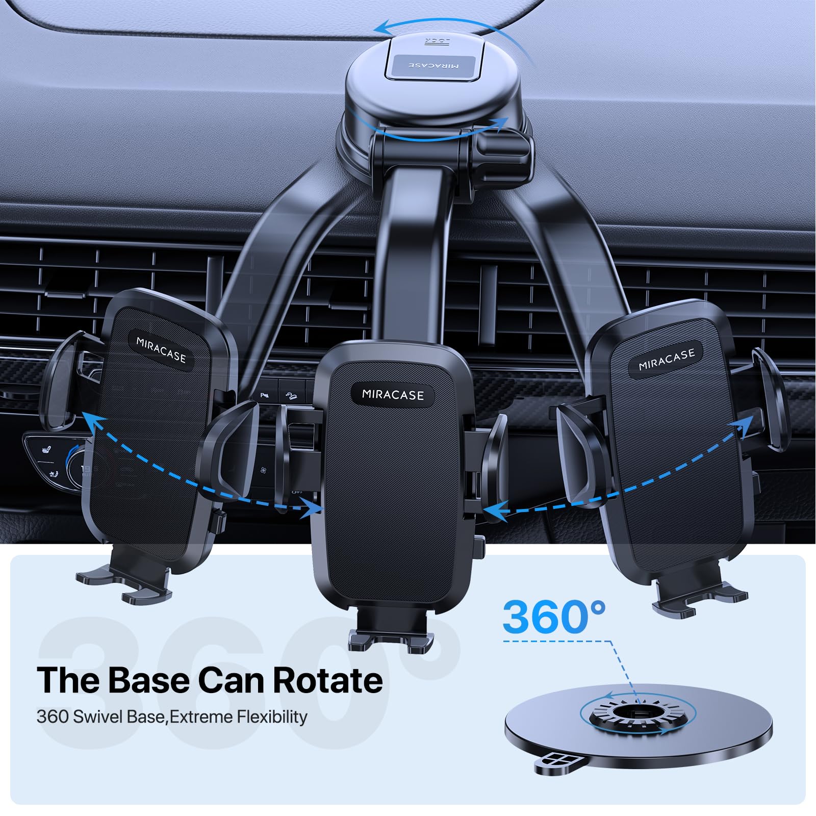 Miracase Supporto per telefono da auto, super ventosa e doppio gancio in acciaio ultra stabile, rotazione a 360°, multi-scena, per cruscotto, parabrezza, furgoni, supporto per tutti i cellulari da 4,5