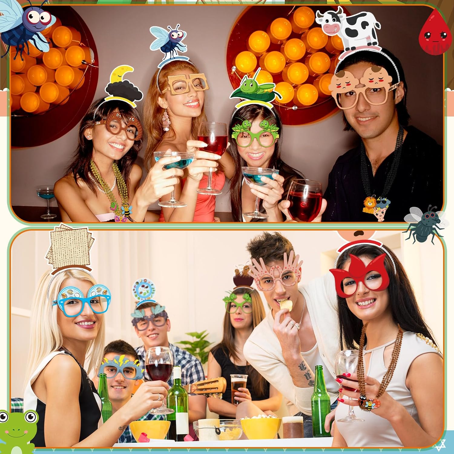 Kenning 36 Pcs Passover Plague Party Decorations 12 Beaded Necklaces 12 Headbands 12 Paper Glasses Prop Accessories Tiaras for Passover Gift Jewish Holiday Party Decorations