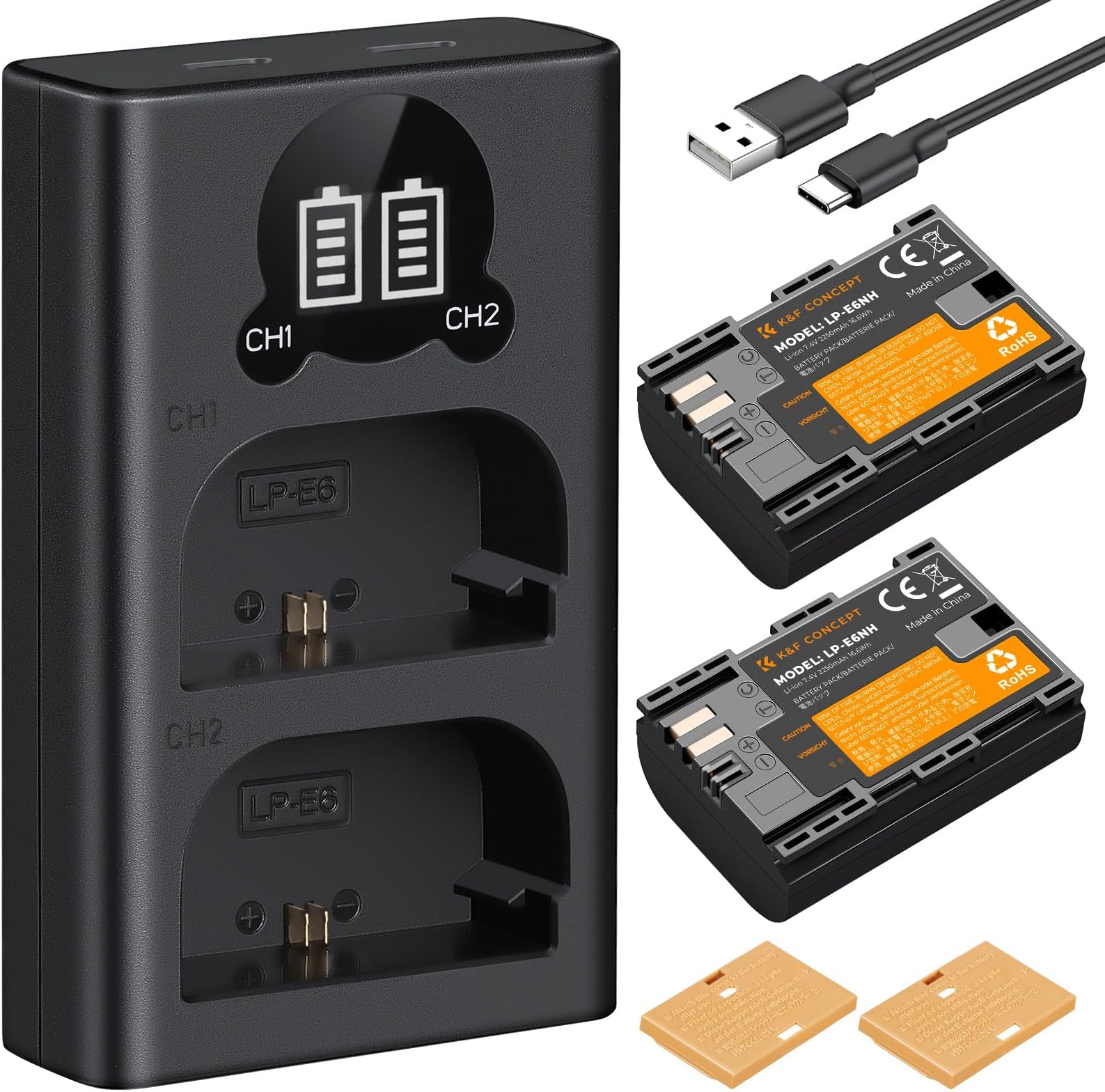 K&F CONCEPT LP-E6NH 2250mAh 2 Pack Batería de Cámara con Conector de Carga Directa Type C Compatible con Canon EOS 90D/80D/70D/5D Mark II III IV/5DS SR /6D/6D Mark II/R5 R6 R6 II R7