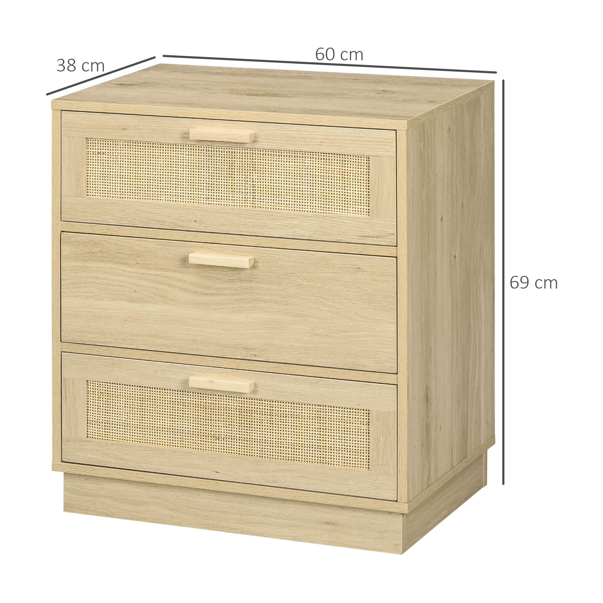 HOMCOM Cassettiera a 3 cassetti, cassettiera per camera da letto, stile bohémien, con telaio in legno, cassettiera in rattan per camera da letto, soggiorno, ingresso dim. 60 x 38 x 69 cm, legno
