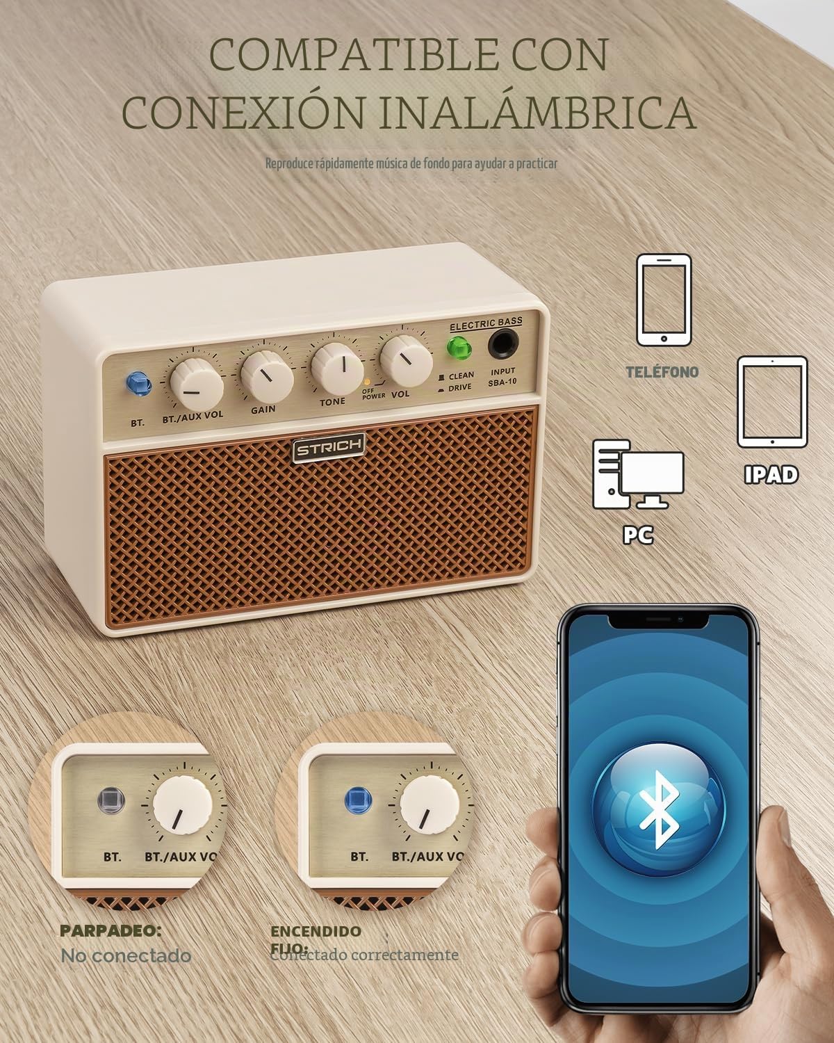 STRICH Amplificador Mini de Bajo de 2 x 5 W - Amplificador de práctica para bajo portátil y Recargable con Canales limpios y distortión, Salida de Auriculares de 1/8 para Principiantes, marrón