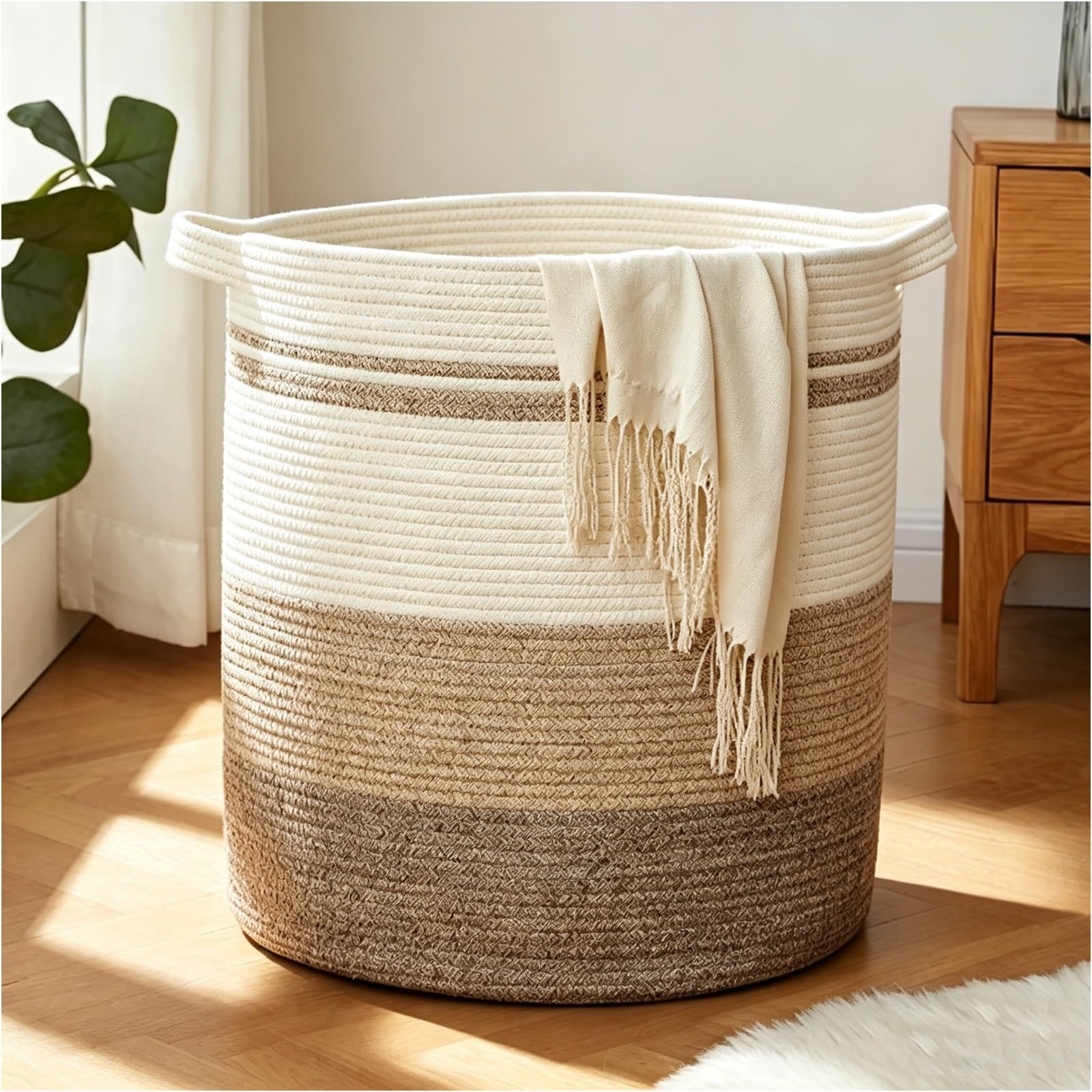 Cesto Intrecciato in Cotone, Portabiancheria Pieghevole Tricolore