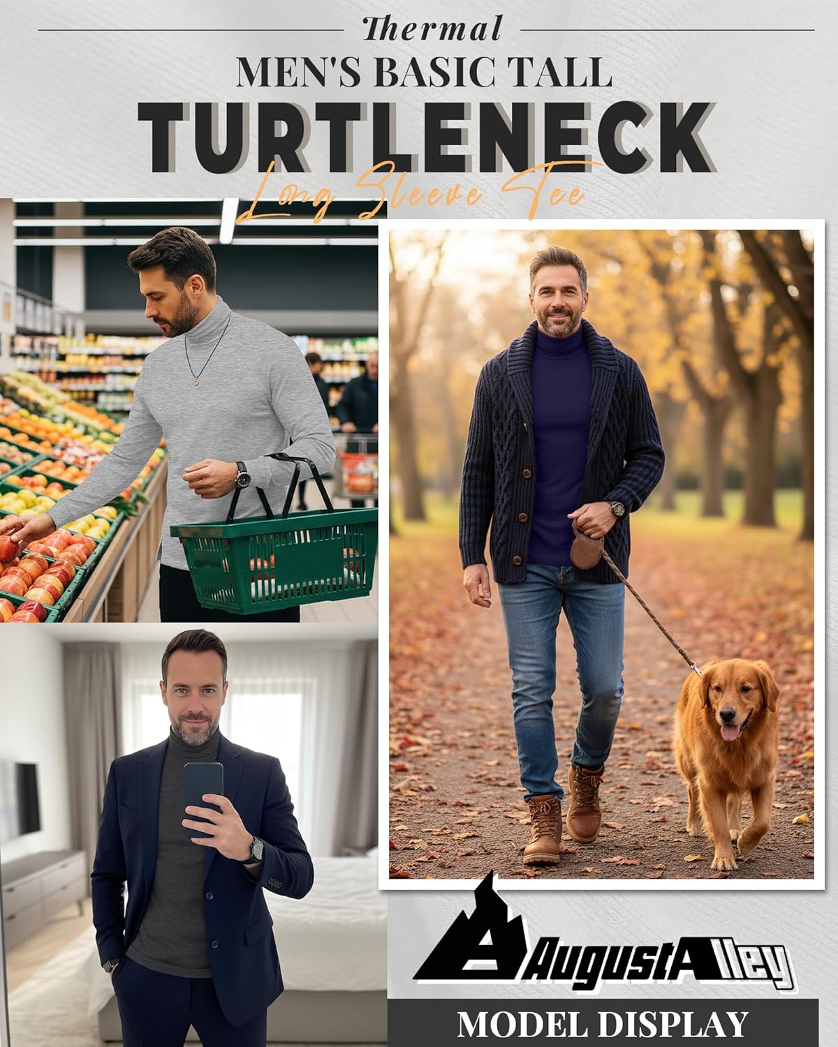 August Alley 4 Pack Men's Turtleneck Long Sleeve with Cuffs, Thermal Basic Tops Undershirt Pullover