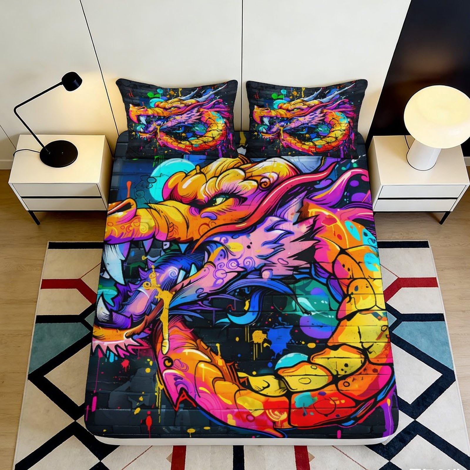 3D Printed Vibrant Dragon Fitted Sheet Microfiber Durable Breathable Colorful Dragon Mattress Cover for Bedroom Dormitory Guest Room Mattress Protection 160x200x25cm