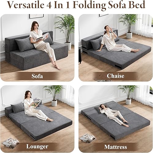 Miniatura 3 de HOMFINE Sofá cama plegable, silla convertible con almohada, sofá plegable, colchón de espuma viscoelástica, sofá futón, sofá perezoso para sala de