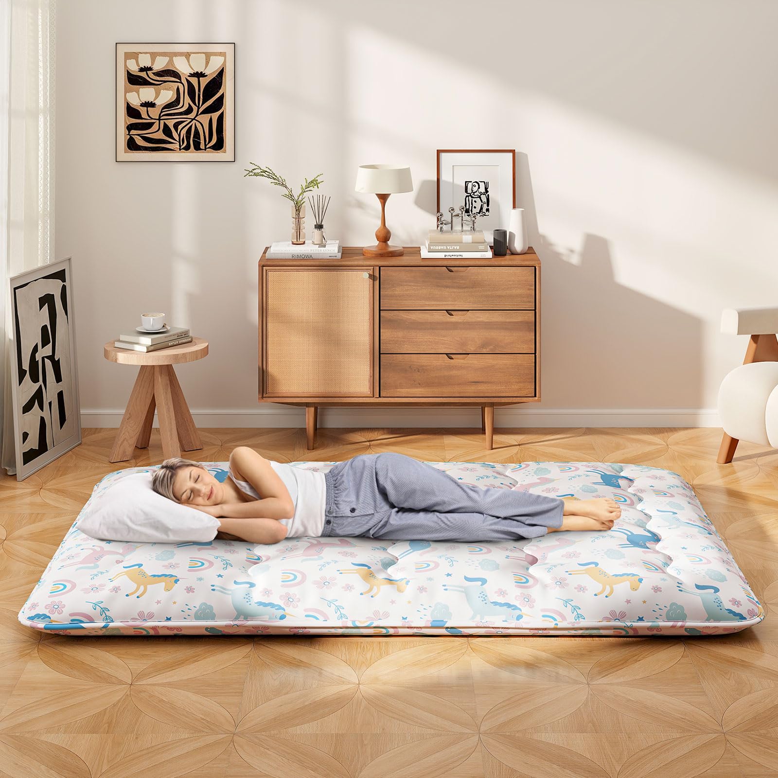 Matelas Futon Pliable Japonais COSTWAY 90x200 Cm – Épais 10 Cm Avec Housse Lavable – Idéal Camping Invités Tatami Beige Petit Ours
