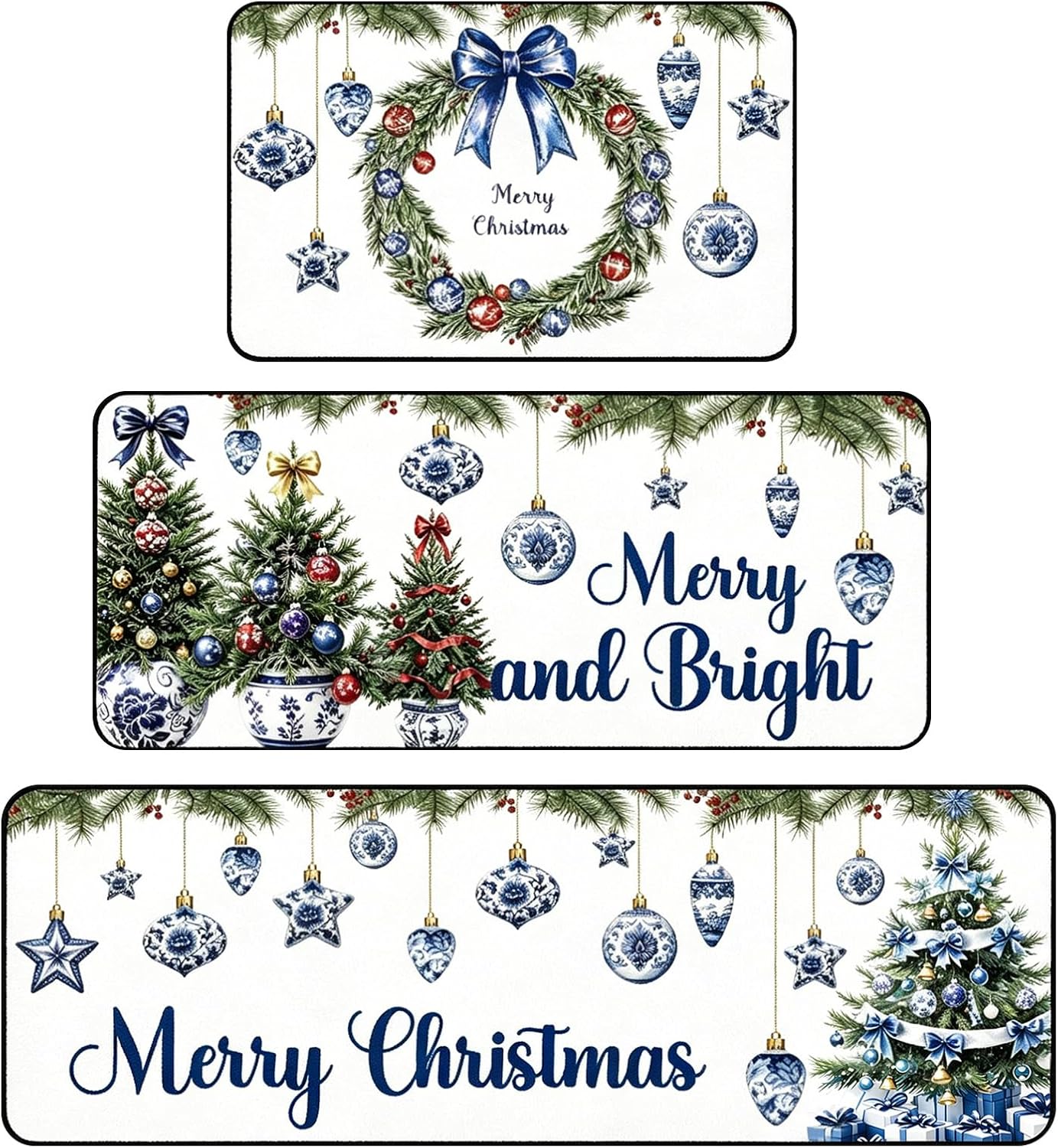 3 Pcs Blue White Chinoiserie Christmas Kitchen Mat Set | 20 * 59inch 20 * 47inch 20 * 32inch Blue White Absorbent Anti Fatigue Mats, Xmas Party Home Kitchen Decor