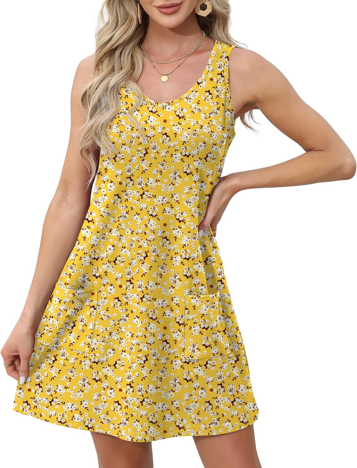 OFEEFAN Womens Summer Dresses 2026 Loose V Neck Sleeveless Sundresses Swimsuit Coverup with Pockets Floral/Plain/Eyelet - Image 3