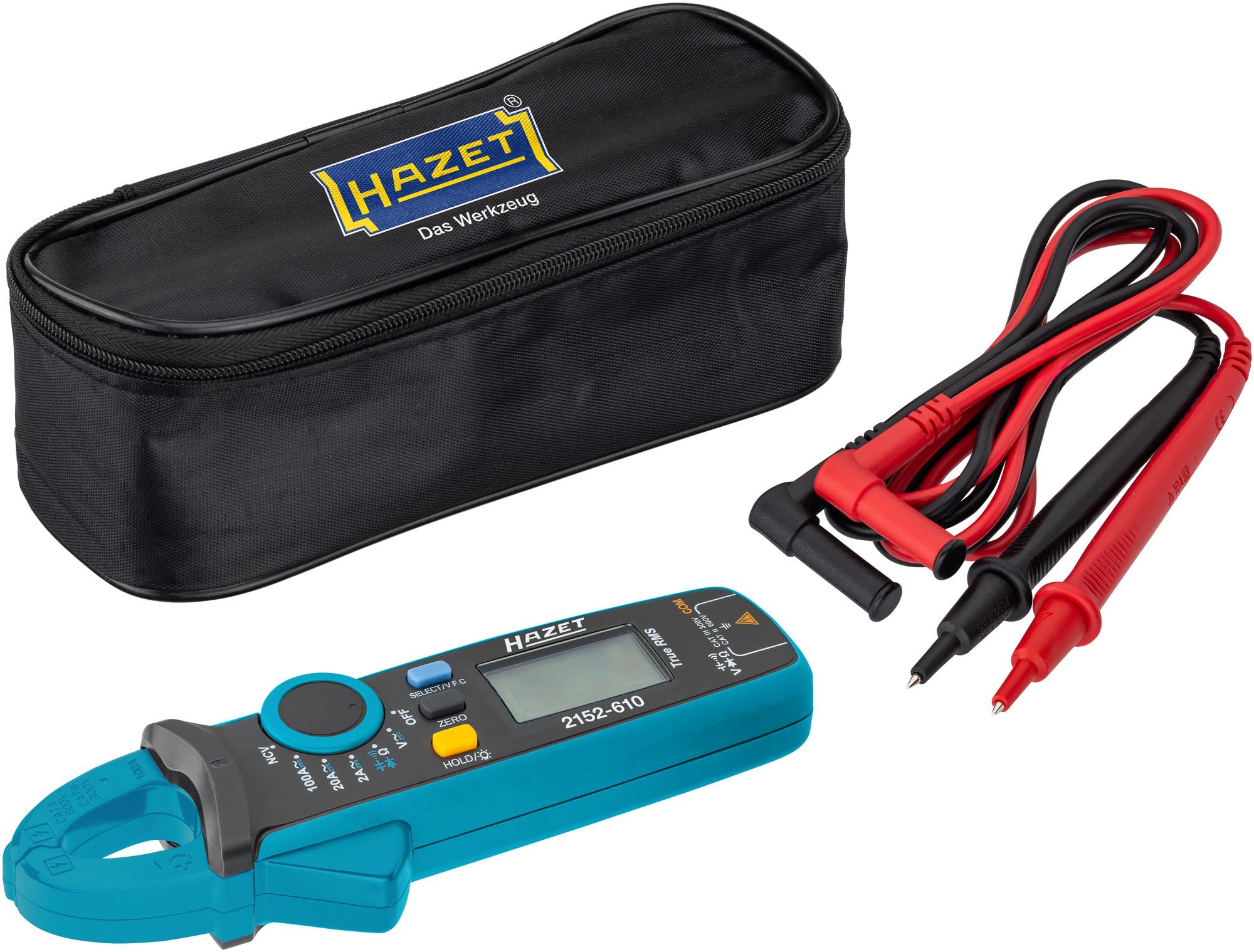 Hazet Digitale Stromzange 2152-610, kompakt, für Spannung, Strom und Widerstand, mit beleuchtetem LCD Display, NCV-Funktion, inkl. Zubehör