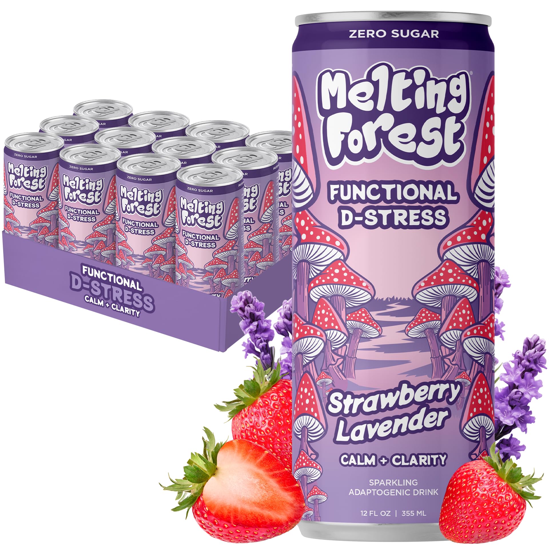 Melting Forest Mushroom D-Stress, Sparkling Adaptogen Drink with L-Theanine, Lion's Mane and Vitamin B, Zero Sugar, 5 Calories, Strawberry Lavender (12-Pack)