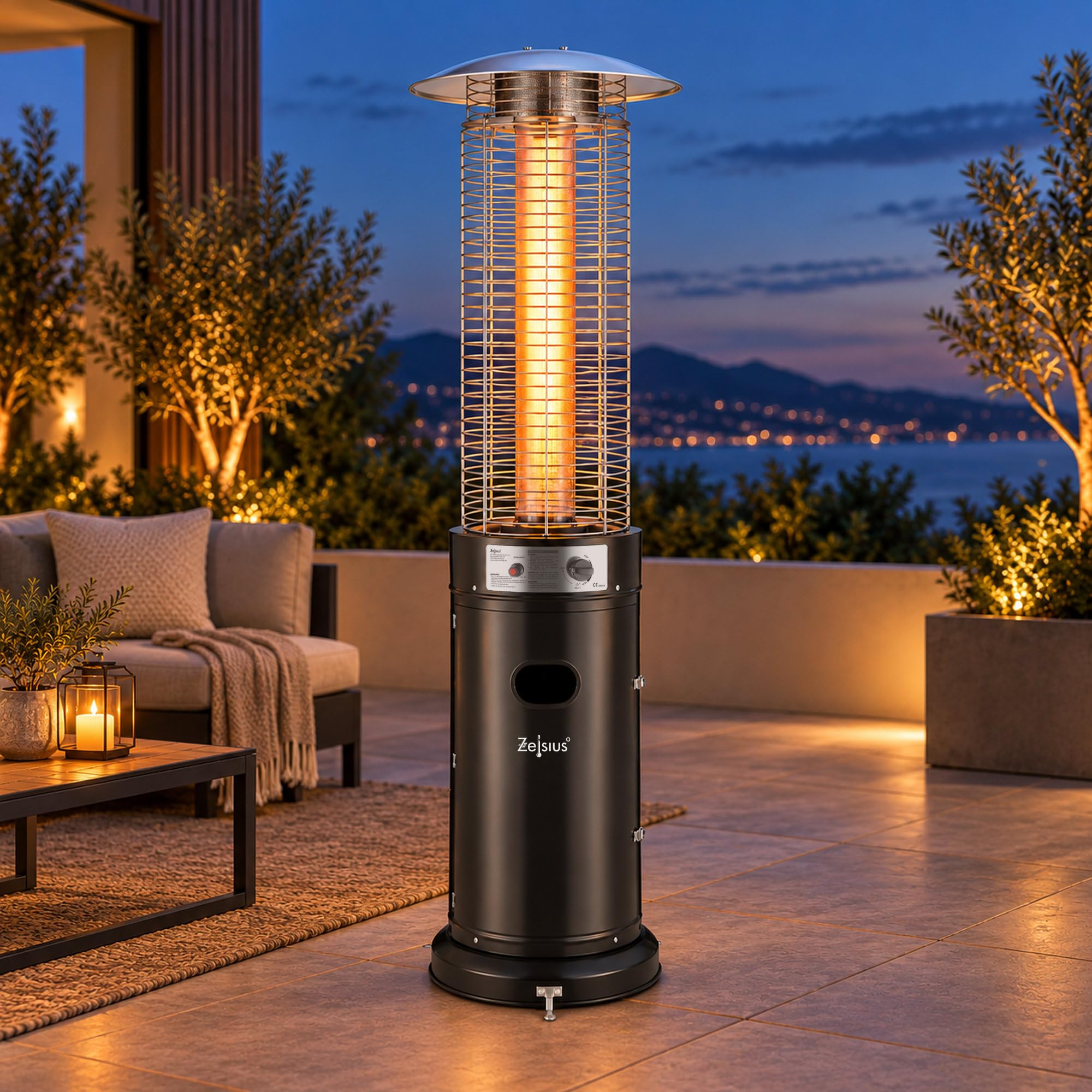 Zelsius Stufa a gas con tubo di vetro "Gstaad", 11 kW, nero, diametro 53 x altezza 181 cm, riscaldamento per terrazze con accensione a impulsi, stufa a gas, stufa per terrazze, fungo riscaldante