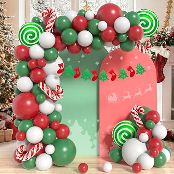 Christmas Balloons Arch Kit Green Red White Balloon Garland With Candy Cane Foil Balloons Christmas Banner Xmas Party Decorations