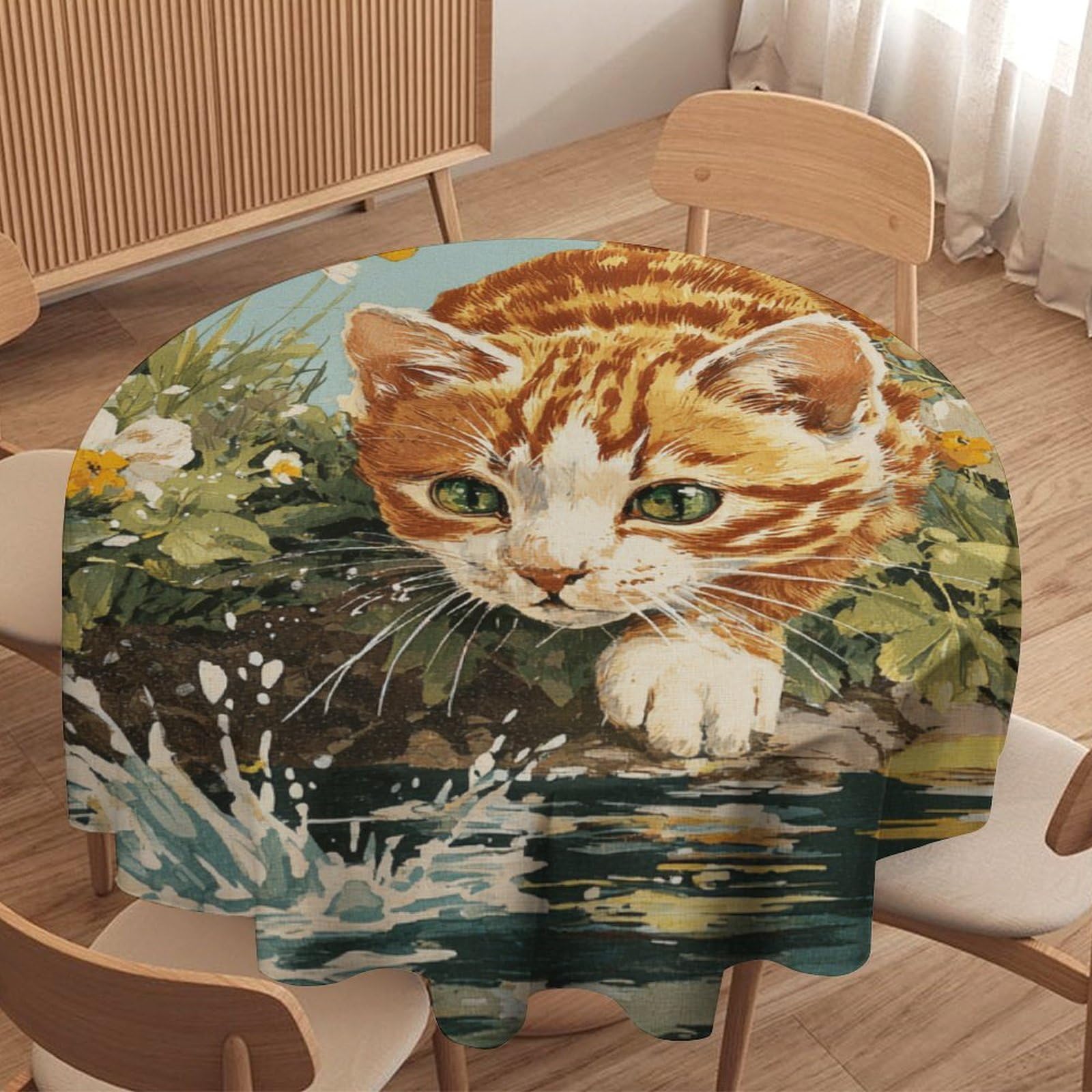 LUYYSKY Rustic Funny Cute Kitten Round Tablecloth Modern Art Botanical Daisies Flowers Animal Cat Pattern Washable Decor for Table Cover for Kitchen-177.8" Wx177.8 L cm