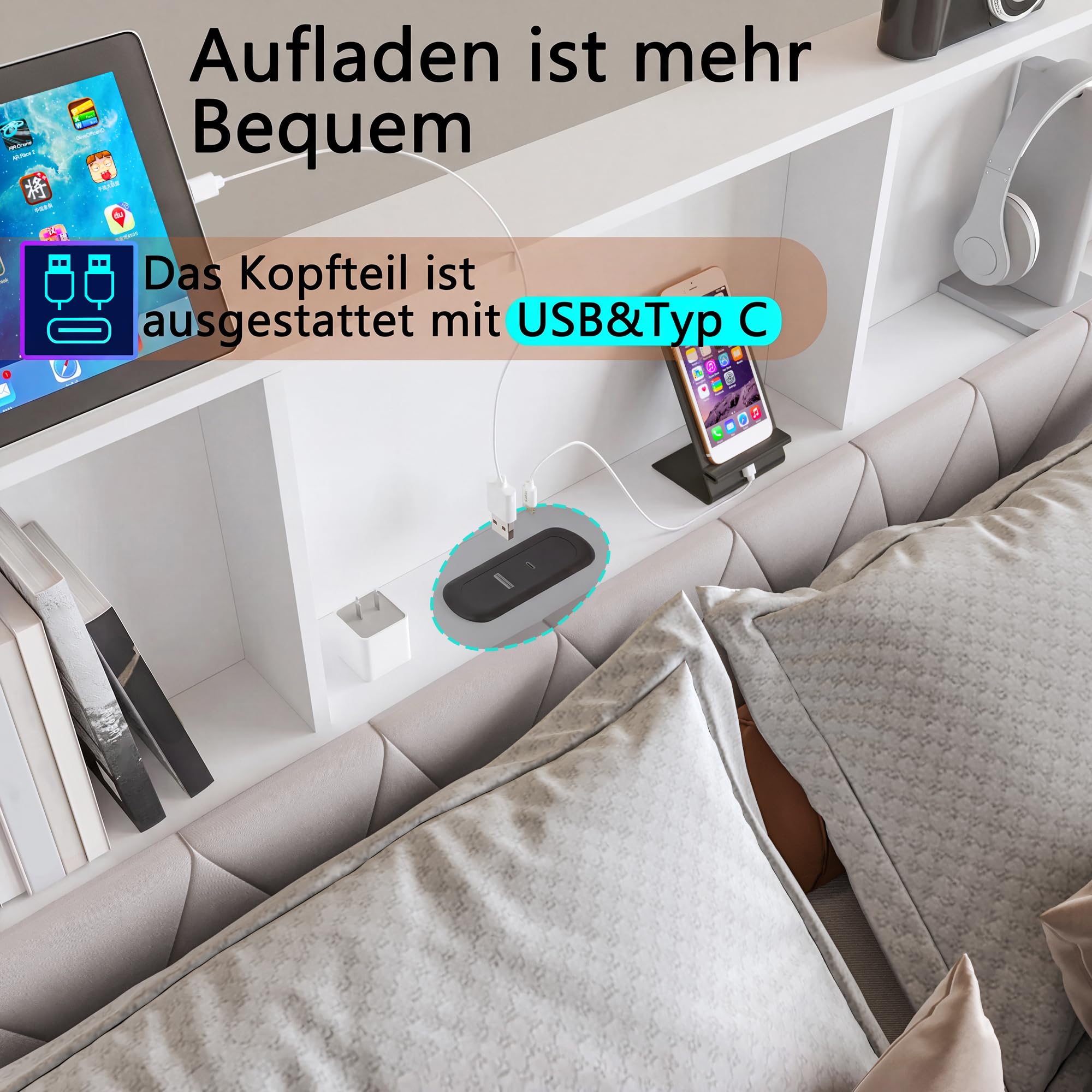 Łóżko tapicerowane 180 x 200 cm, podwójne łóżko z diodami LED i USB, łóżko młodzieżowe z zagłówkiem do przechowywania, z 4 szufladami, rama łóżka ze stelażem, aksamit (beżowe, 180 x 200 cm)