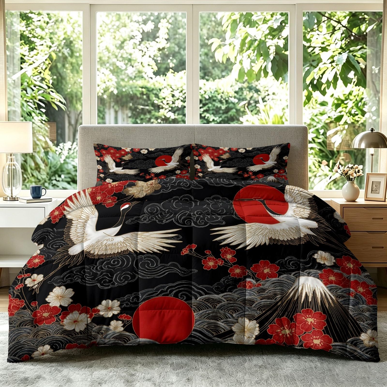 Kołdra bez poszewki 240 x 220 cm – japońska kołdra Ukiyo E całoroczna żuraw czerwone słońce – lekka, miękka, 3-częściowa kołdra dla alergików, na 4 pory roku, pikowana kołdra + 2 poszewki na poduszkę