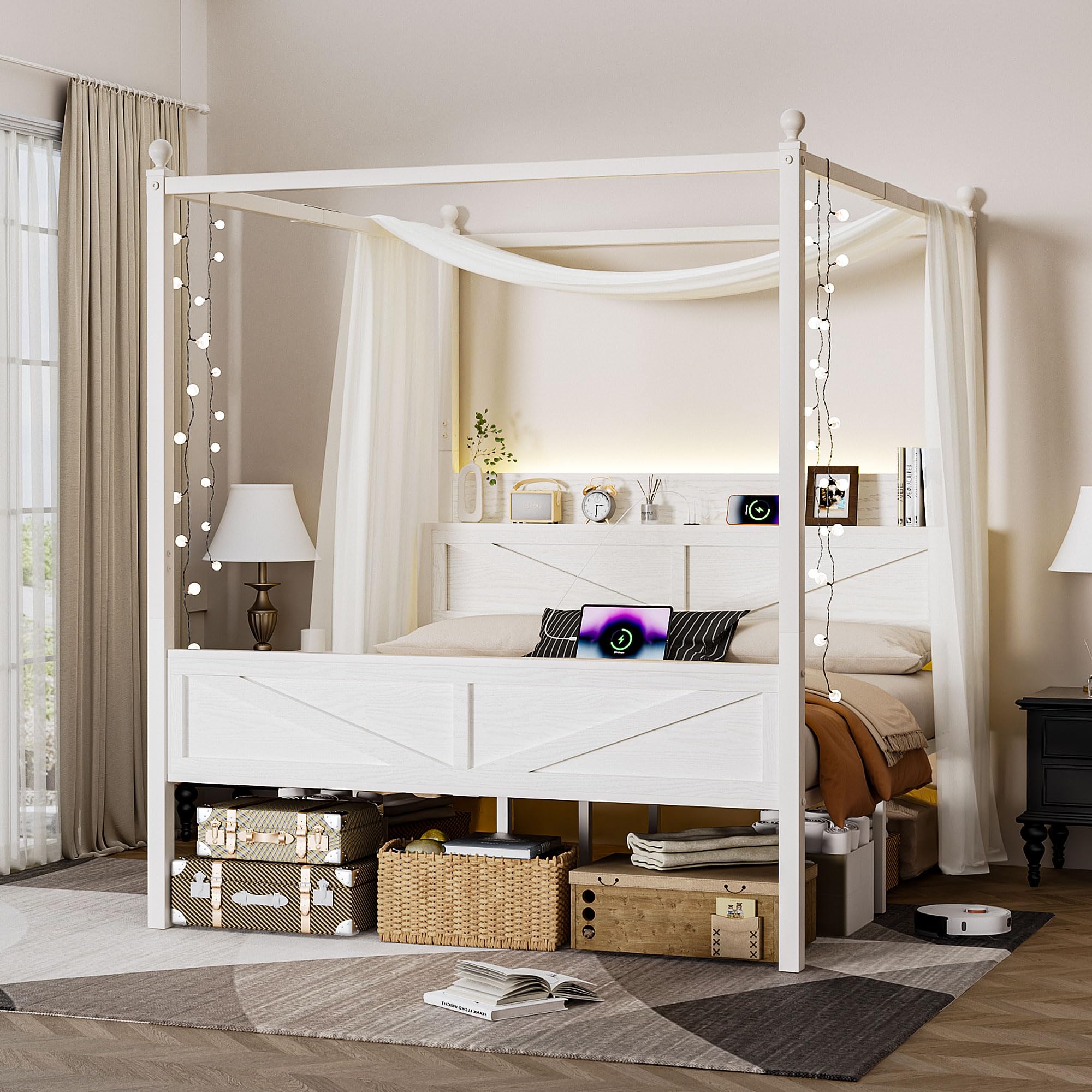 Tsovihe Queen Size Canopy Bed Frame with Barn Door Storage Headboard