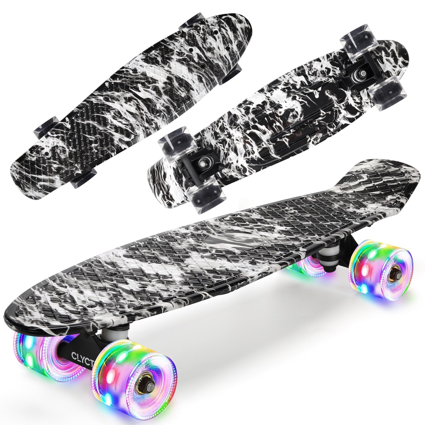 CLYCTIP Skateboard,22 inch Complete Mini Cruiser Board with Colorful Flashing Wheels and ABEC-11 Bearings for Kids,Boys,Girls,Beginners (White-HY)