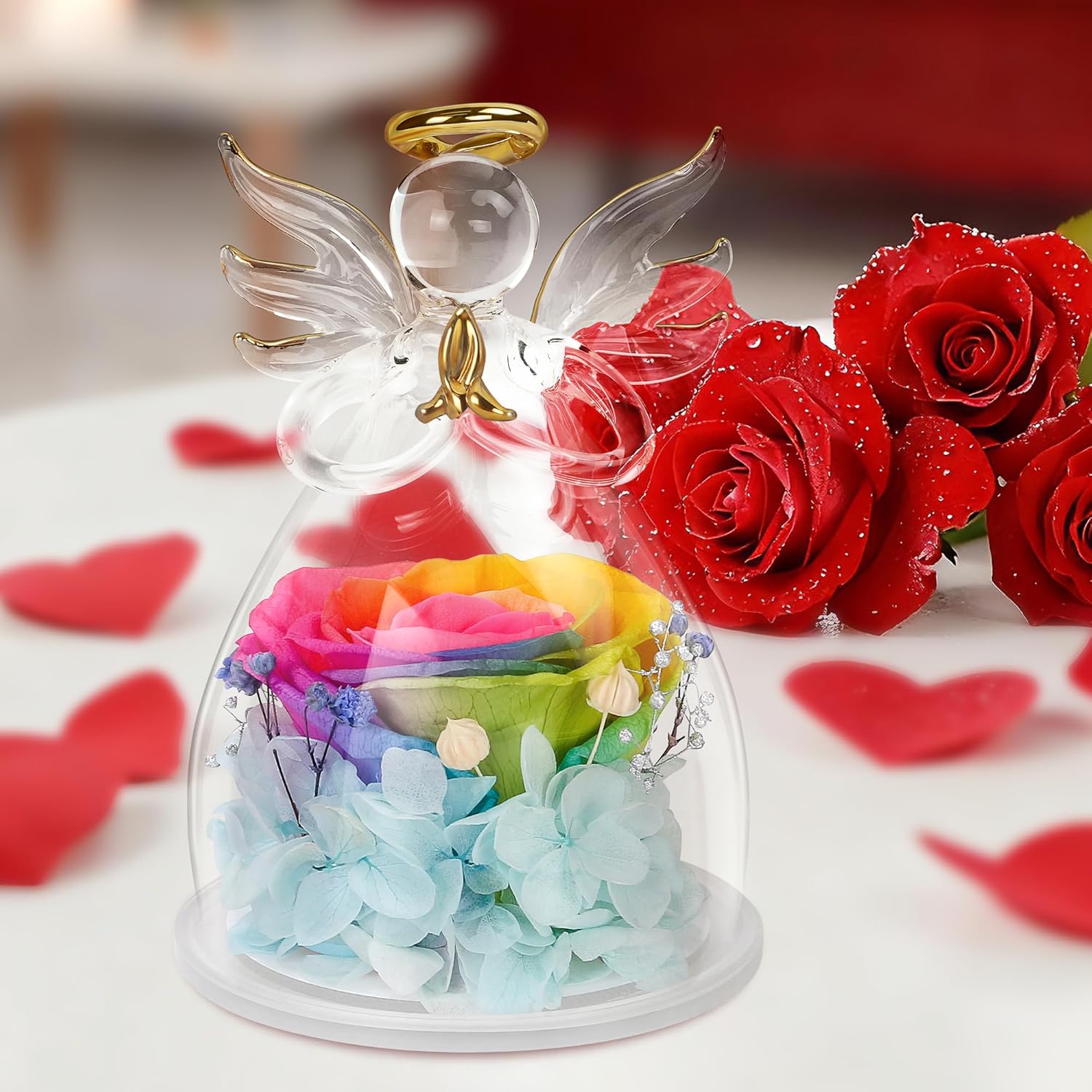 Valentines Day Rose Gifts for Her,Fresh Flowers for Delivery,Birthday Gifts for Women Mom,Preserved Flowers in Glass Angel Figurine,Angel Mothers Day Rose Gift for Mom Grandma,Rainbow Gift Valentines - Image 2