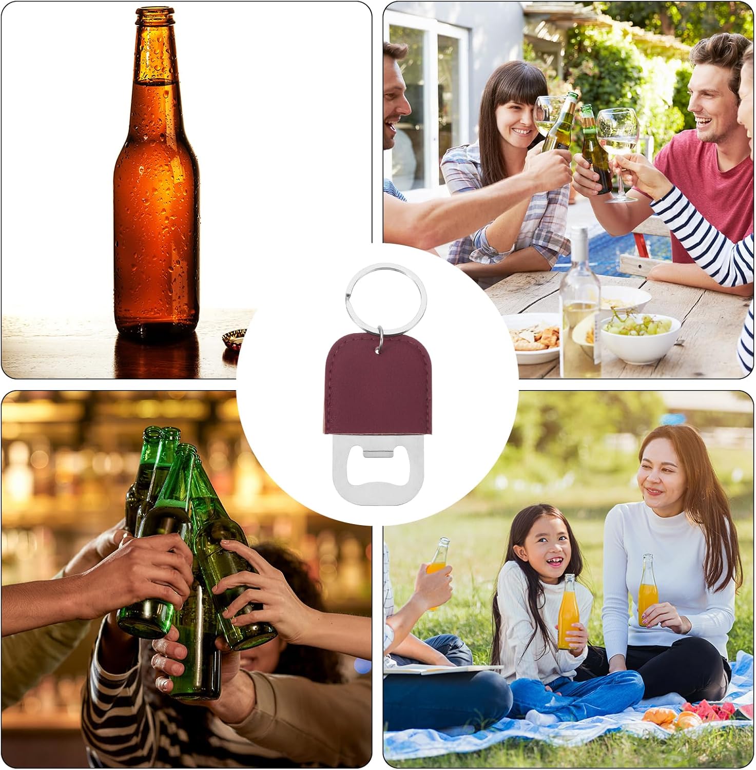 uxcell 24Pcs Leather Bottle Opener, 10.6x4.5cm Stainless Steel Flat Beer Bottle Opener Keychain Soda Bottle Opener Key Chain Sublimation for Gift, Claret