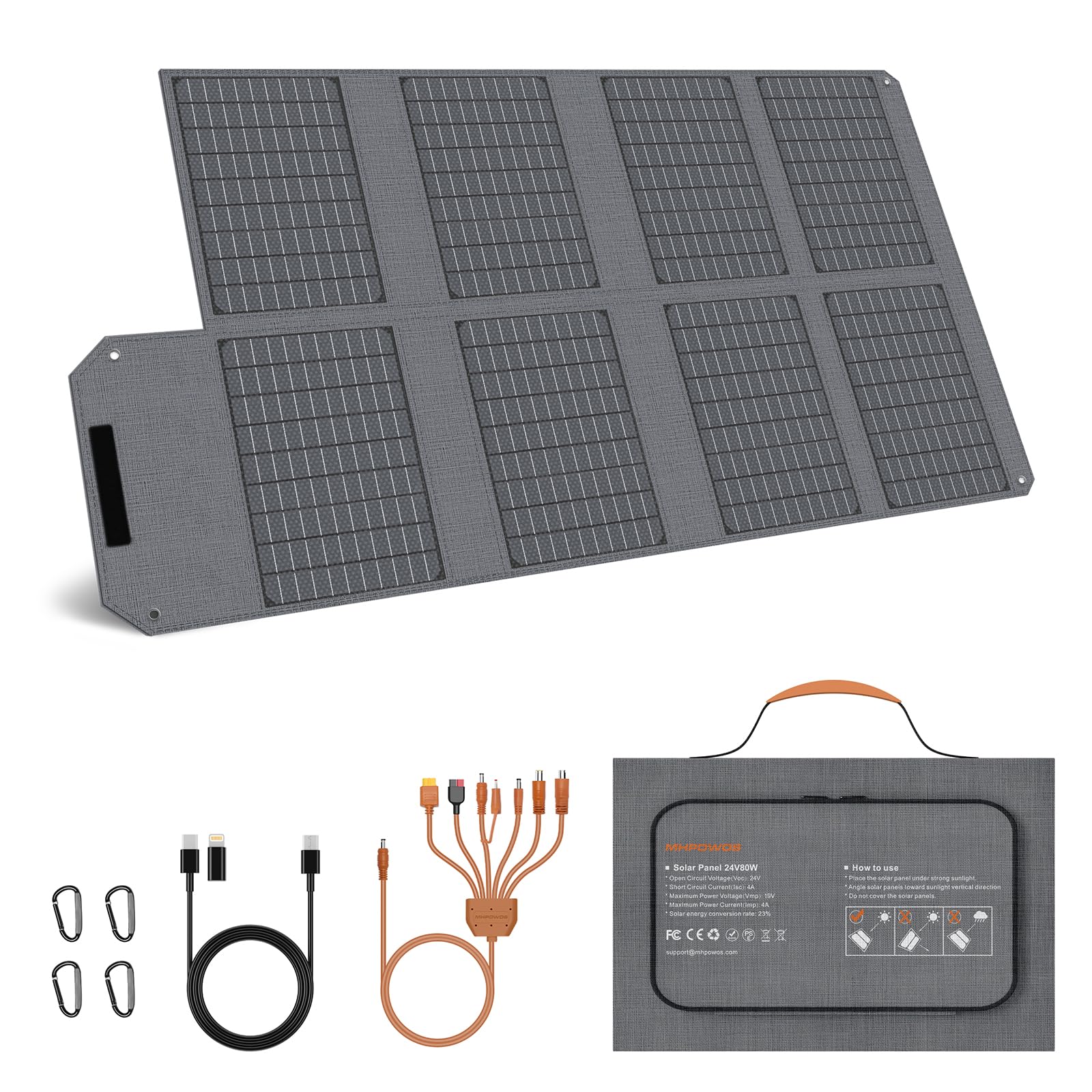 MHPOWOS 80 W Portable Solar Panel, 19 V Foldable Solar Charger with USB C, USB A and DC Outputs, IP65 Waterproof, for Portable Power Station, iPhone, iPad, Camping, Hiking, Outdoor Travel