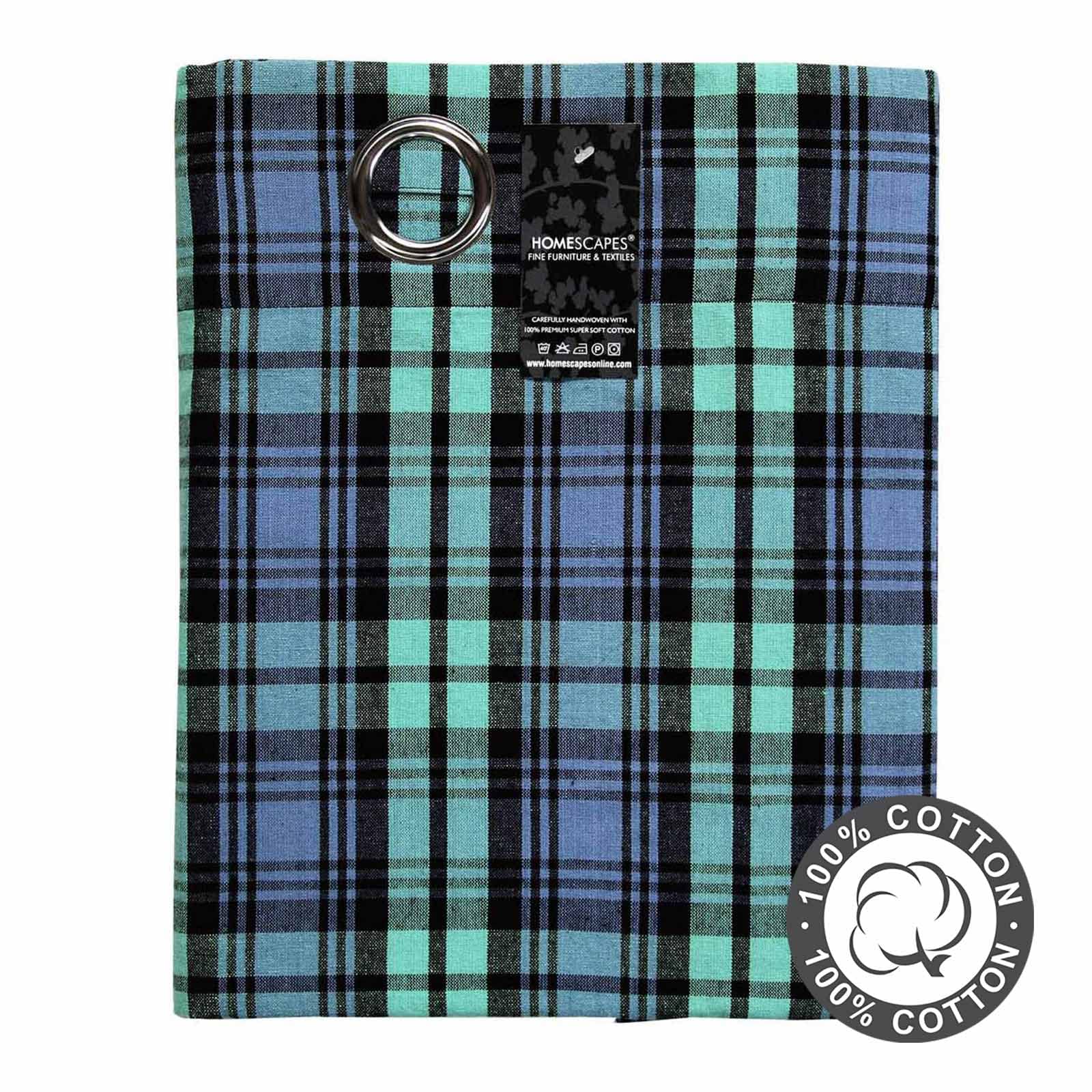 HOMESCAPES – Paire de Rideaux à œillets Bleu Tartan – Blackwatch 137 x 182 cm