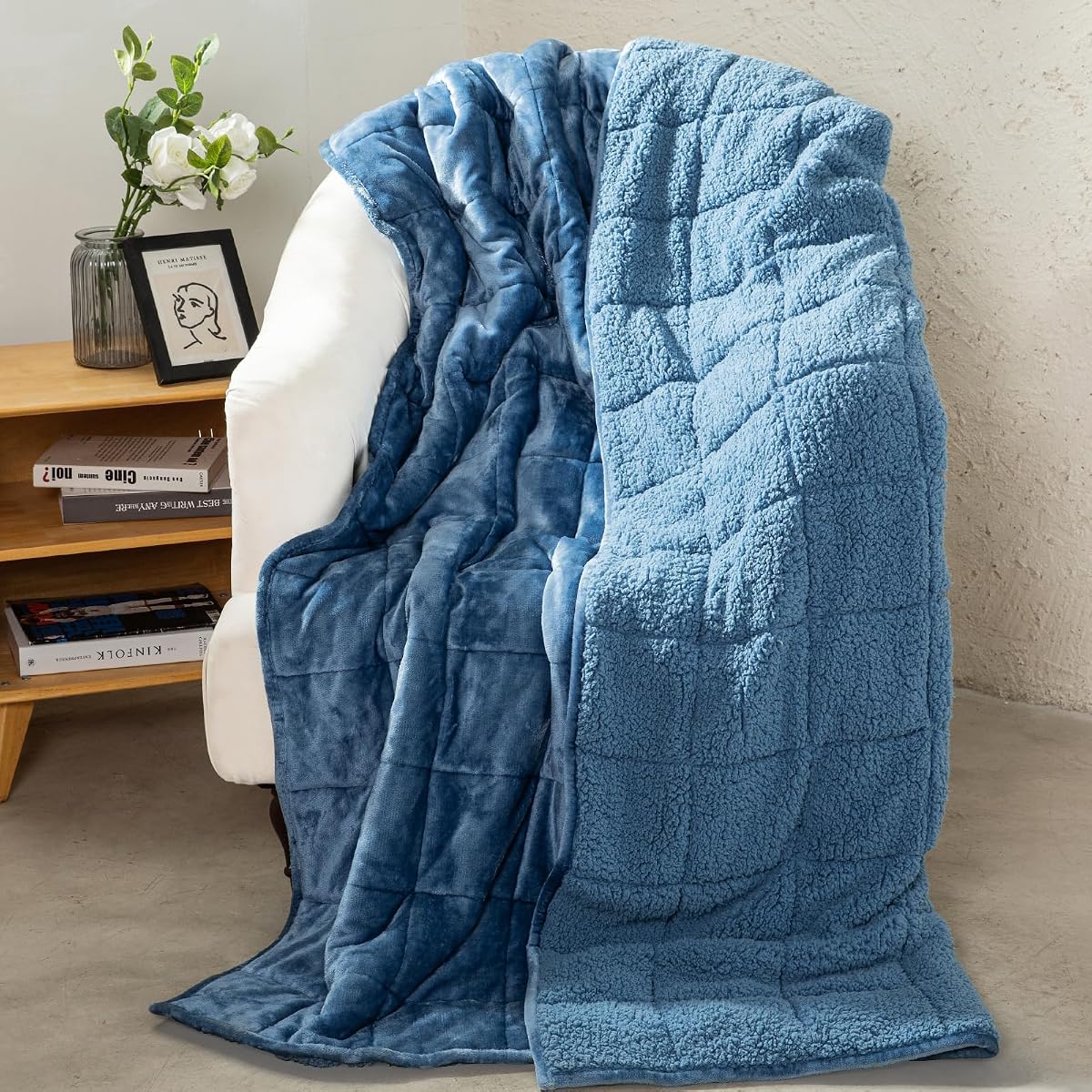 Aemicion Manta mullida con peso Sherpa de 20 libras, tamaño Queen, acogedora manta pesada de franela como regalo para mujeres, hombres y adultos, manta cálida y suave para sofá cama, color azul pizarra