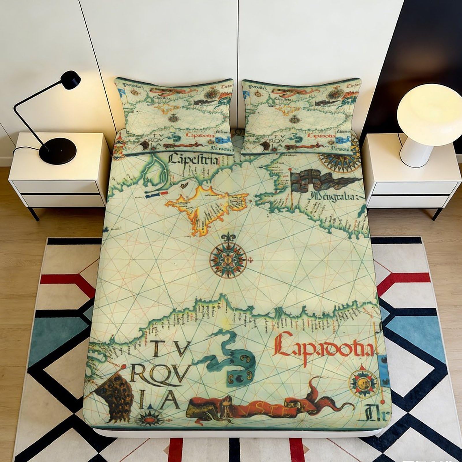 3D Printed Vintage Map Fitted Sheet Microfiber Deep Pocket Bedroom Bedding Set Vintage Map Mattress Fitted Cover Non-Slip, Washable 140x200x25cm