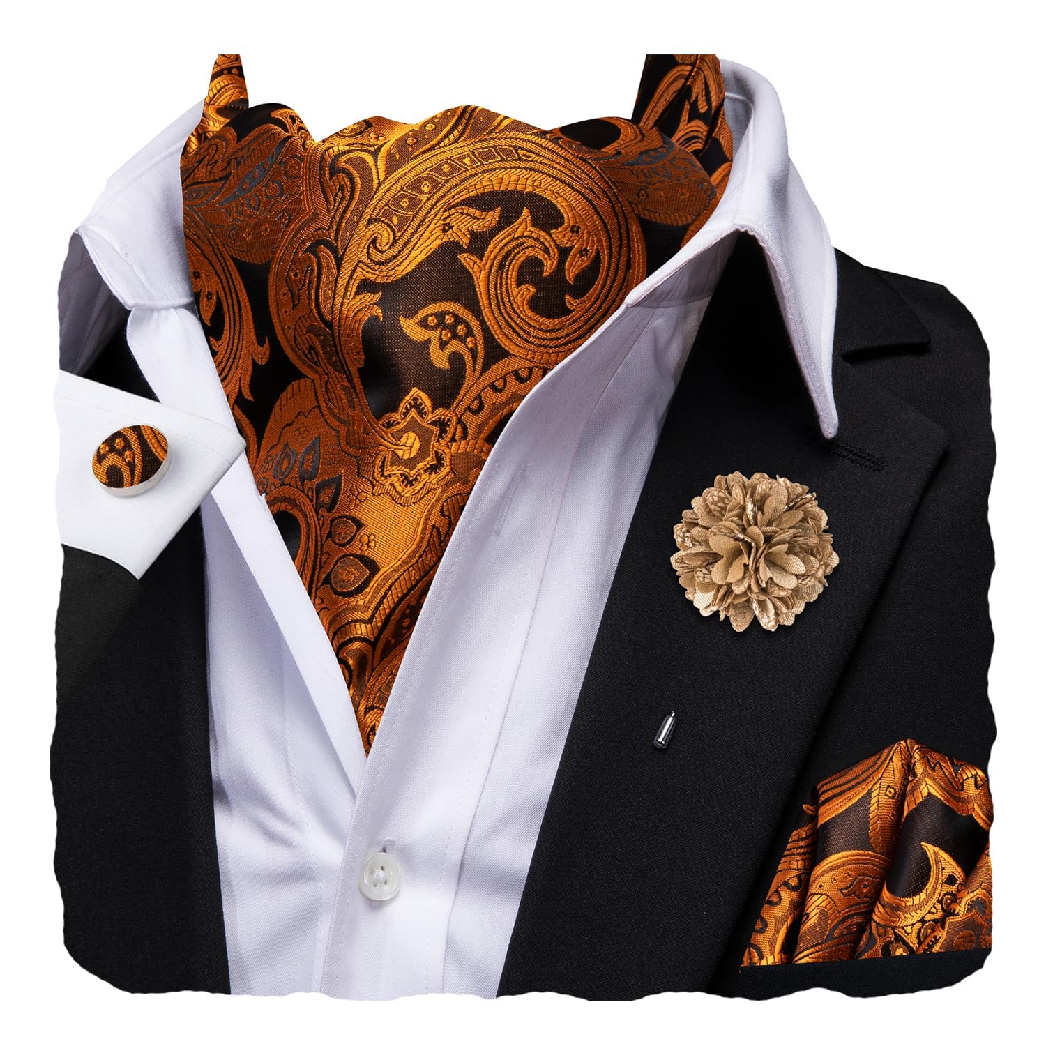 Hi-Tie Silk Ascot for Men Self Tie Men's Cravat and Flower Lapel Pin Handkerchief Cufflinks Set for Wedding Party