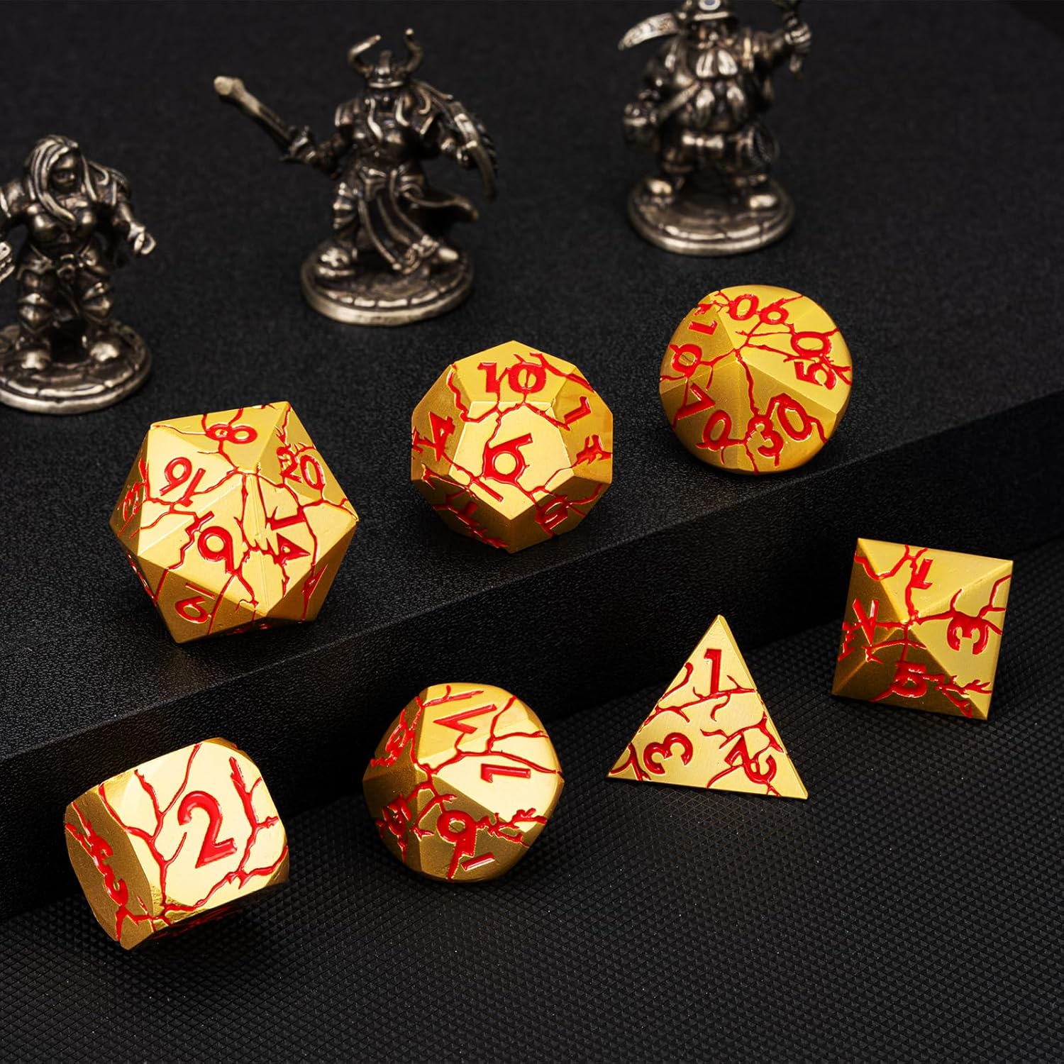 DND Dice Set Metal,Polyhedral D&D Metallic Heterotypic D and D Dice with Cracks for Dungeons and Dragons RPG TTRPG 7-Die Set with Gift Case (Crack, Gold and Red)
