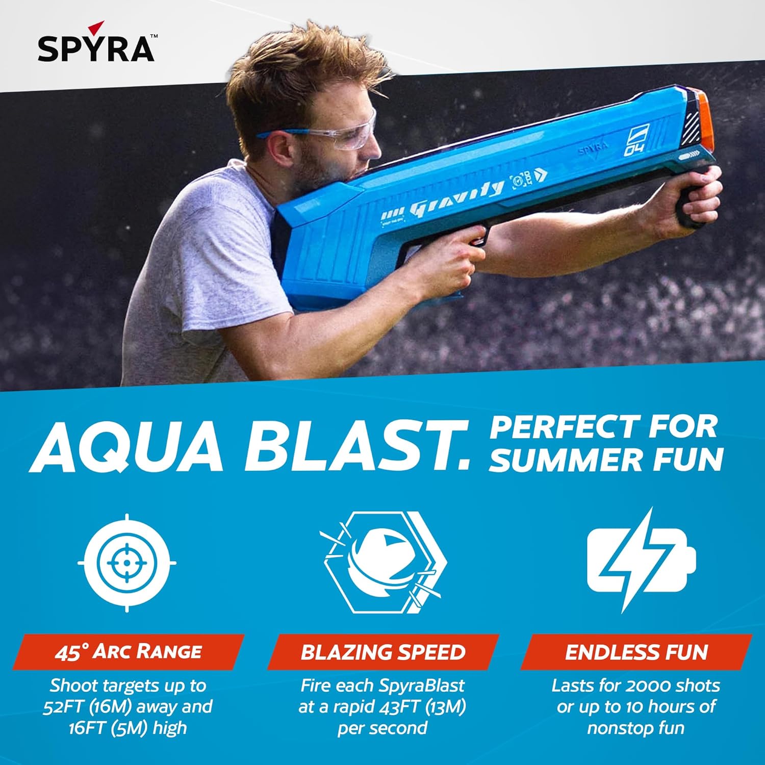 SPYRA 2 Pack Powerful Electric Water Bomb Launcher, Summer Toy with 4 Reusable Water Bombs, LED Display, and 52 Foot Range, SpyraGravity, Blue