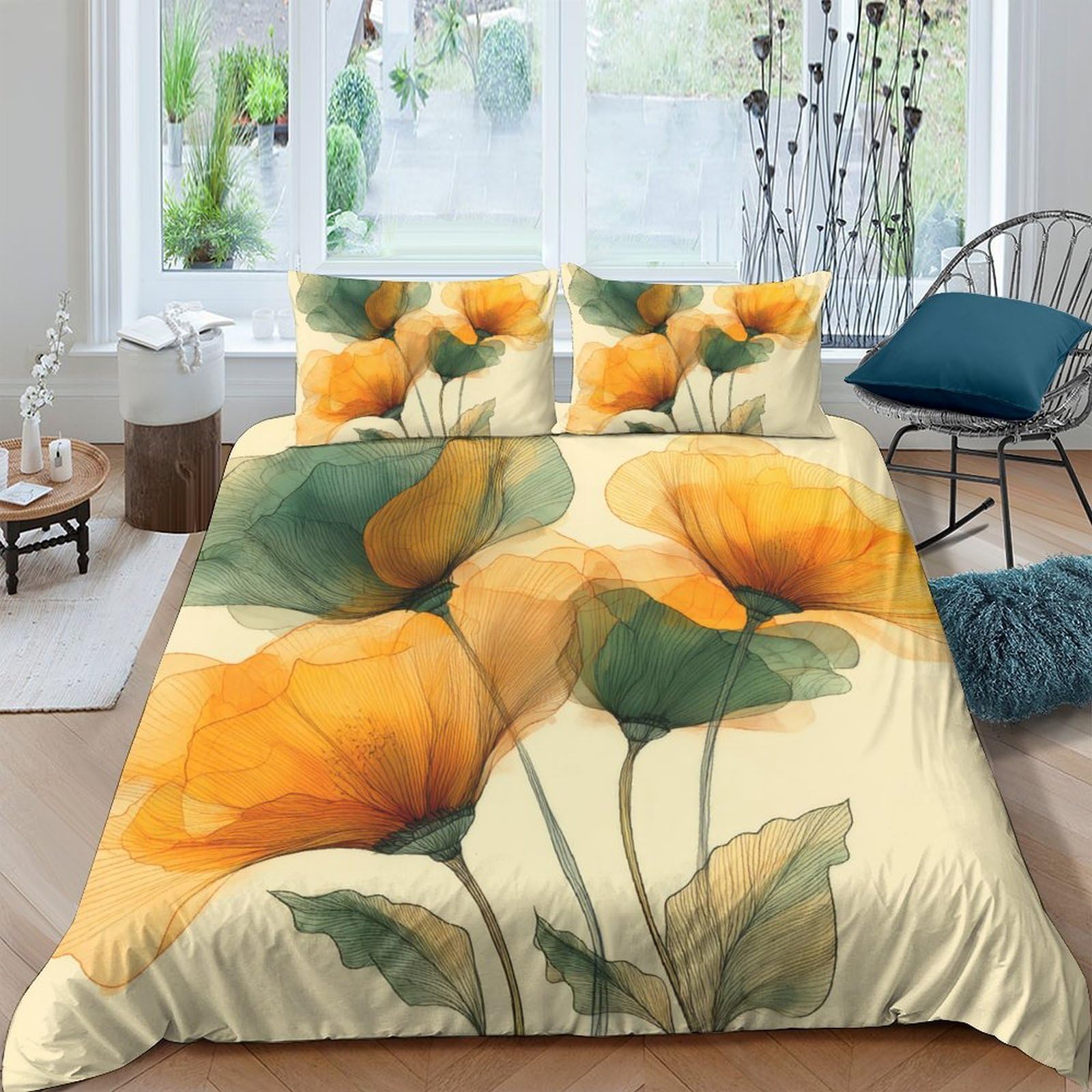 Ctjqhvkz Style-6 3D Printed Watercolor Poppy Fitted Sheet Microfiber Soft Orange Floral Mattress Cover For Bedroom Guest Room Decor Single（135X200cm）