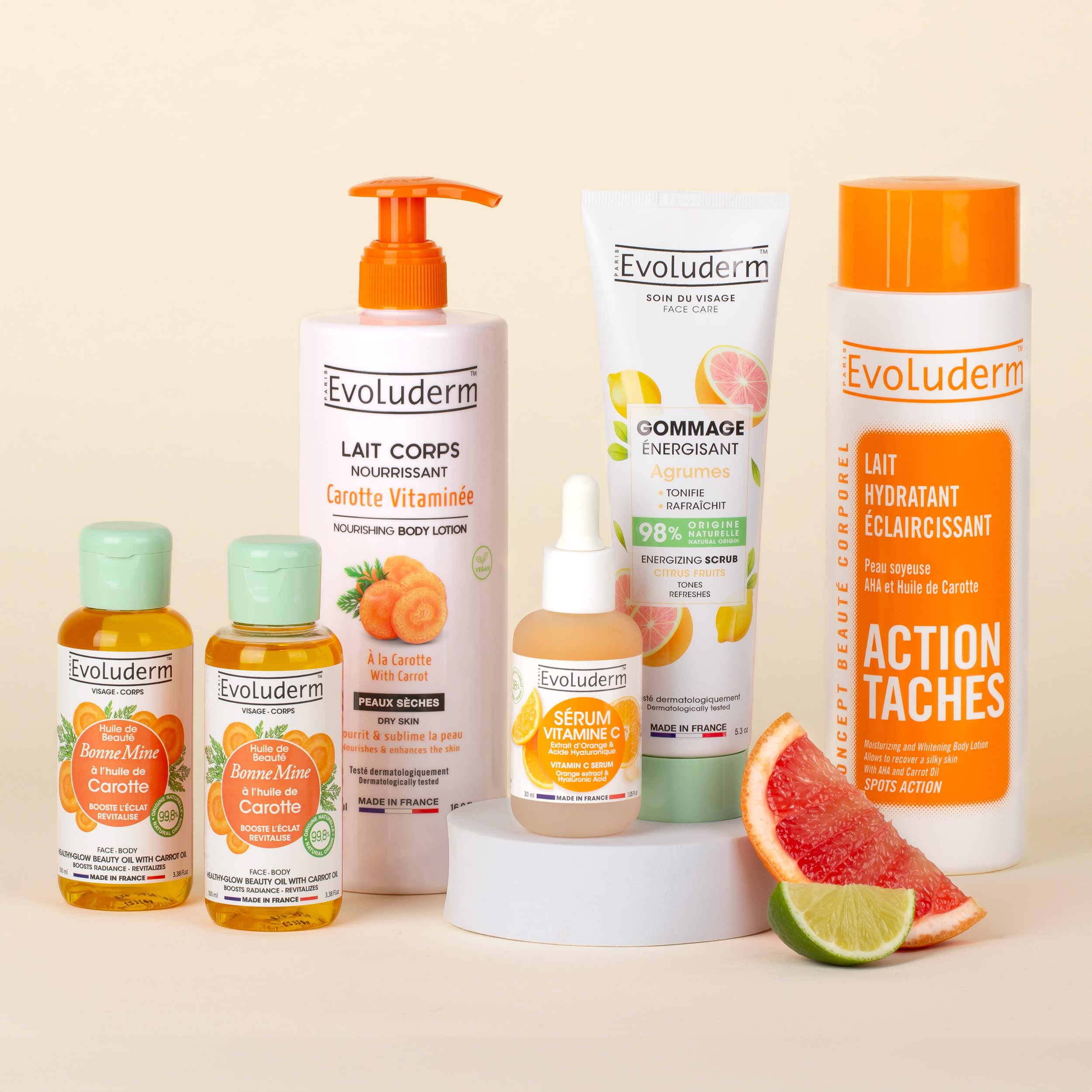 EVOLUDERM – Routine Éclat 6 produits Visage & Corps – 1 Lait + 2 Huiles + 1 Sérum Vitamine C + 1 Gommage Agrumes + 1 Lait Éclaircissant + Gant Exfoliant Offert – idée Cadeau - Fabrication Française
