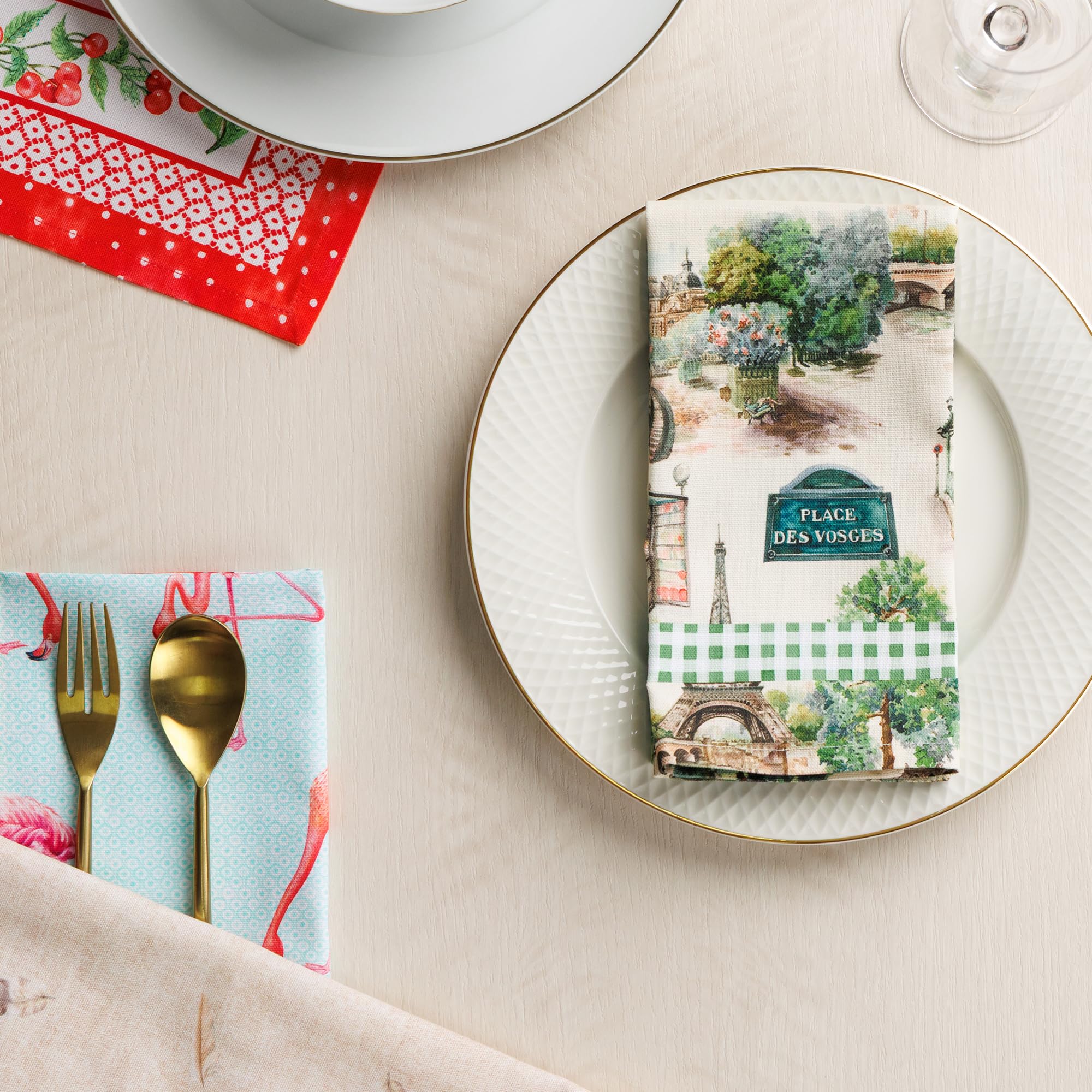 Maison d'Hermine Set di 4 tovaglioli di stoffa, 100% cotone, riutilizzabili, quadrati, lavabili, per cene, feste, matrimoni, ristoranti, Primavera Estate (Paris Voyage, 45 cm x 45 cm)
