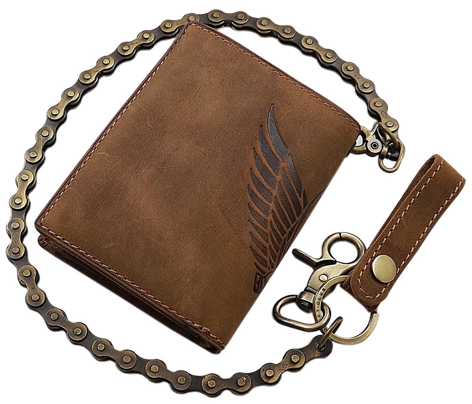 Cuero de búfalo Cartera con Cadena metálica con Calavera-Motivo en Formato Vertical o Formato oblongo con Bloqueo RFID y NFC en marrón