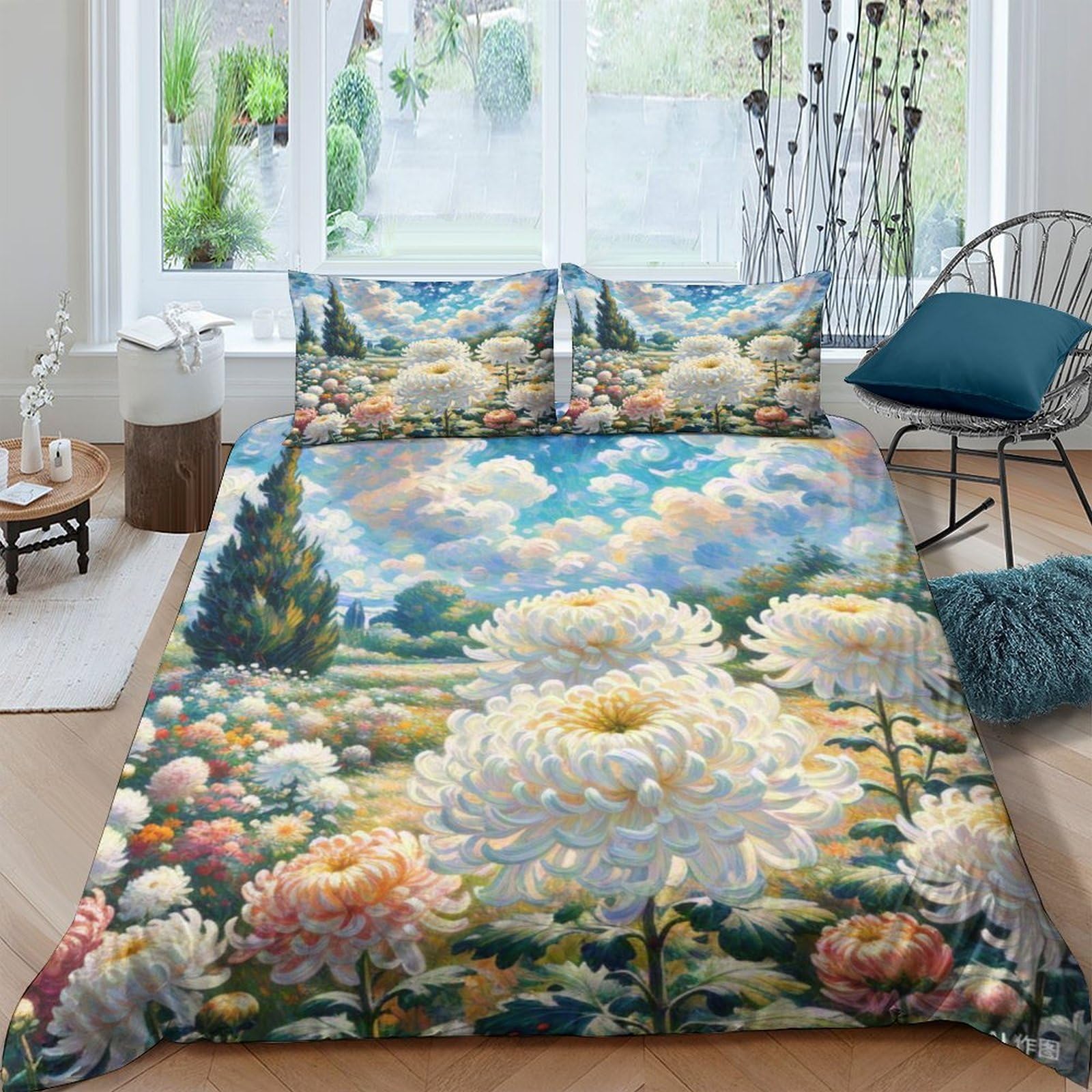 Housse de couette chrysanthème 3D double avec zip invisible en microfibre douce