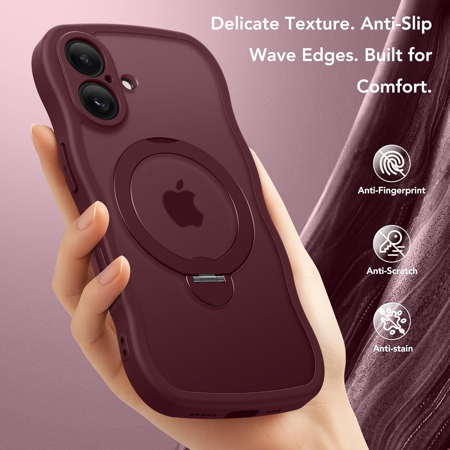 for iPhone 16 Case, [Compatible with Magsafe][360° Spin Magnetic Stand][Military-Grade Protection][Camera Control][Cute Wave Edge]Translucent Matte Women Phone Cover for iPhone 16, Burgundy - Image 9