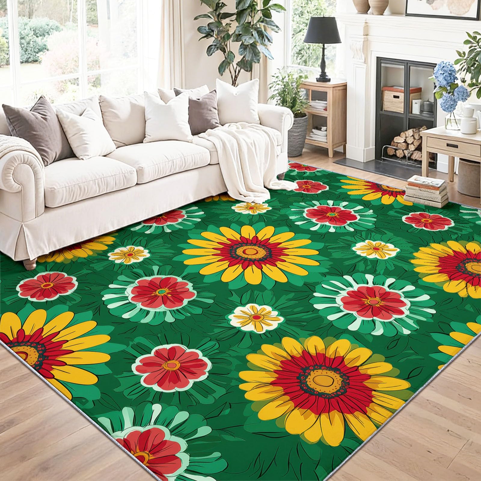 Dywan nadający się do prania 120 x 170 cm, fabryka, krótkie runo, antypoślizgowy, nadruk zielony dywan stokrotki kwiaty, do salonu, sypialni, jadalni, biura, pokoju dziecięcego